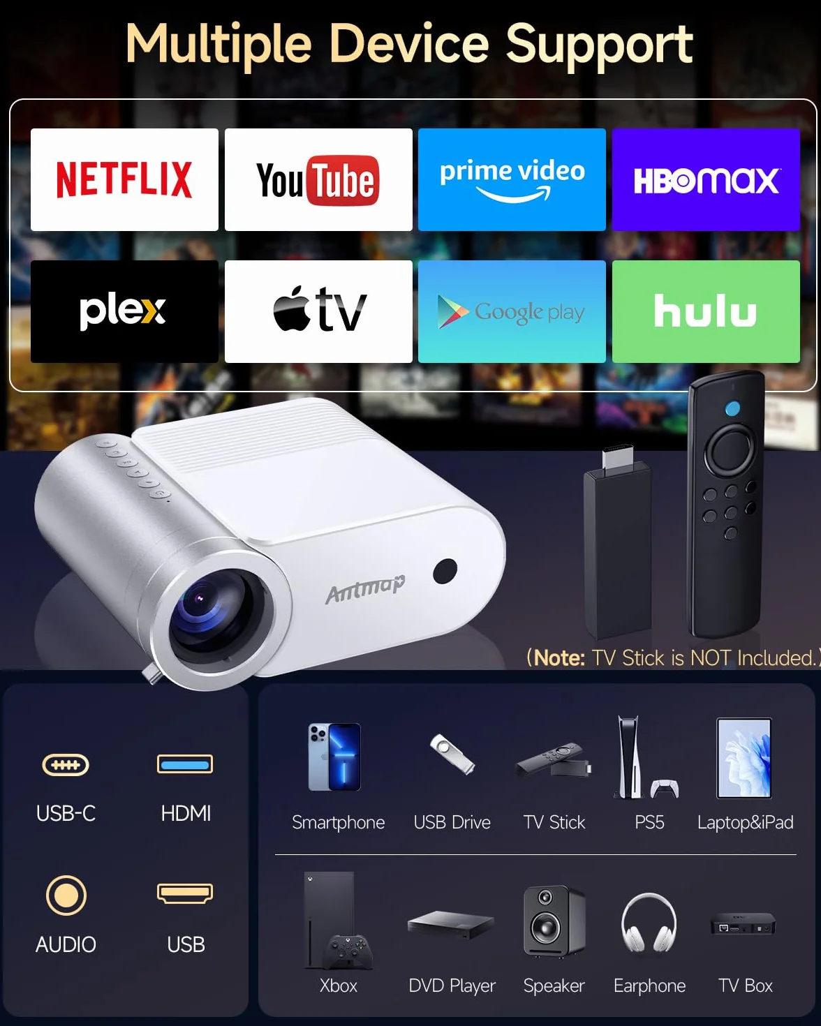 Mini projektor z WiFi i Bluetooth, 400 ANSI projektory zewnętrzne 1080p do iPhone'a, projektor kina domowego, obsługa 4K, do sypialni, 508.0 cm, bezprzewodowe projektory WiFi do smartfona/HDMI/USB/TV