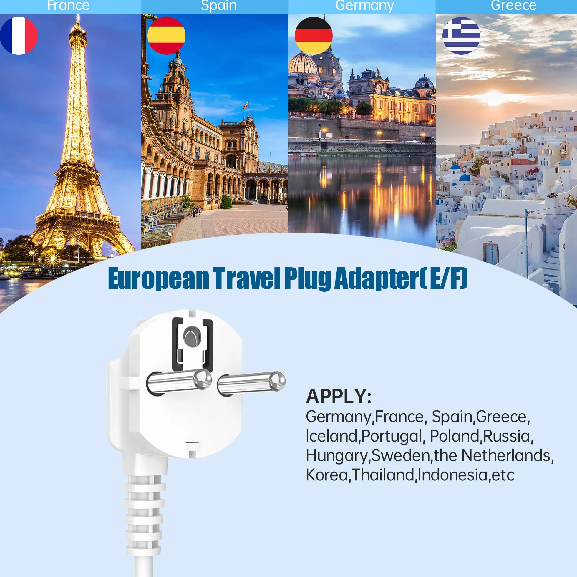 European Travel Plug Adapter with 4FT Extension Cord, (Not for UK) US to European International Plug Adapter Travel Essentials France Germany Greece