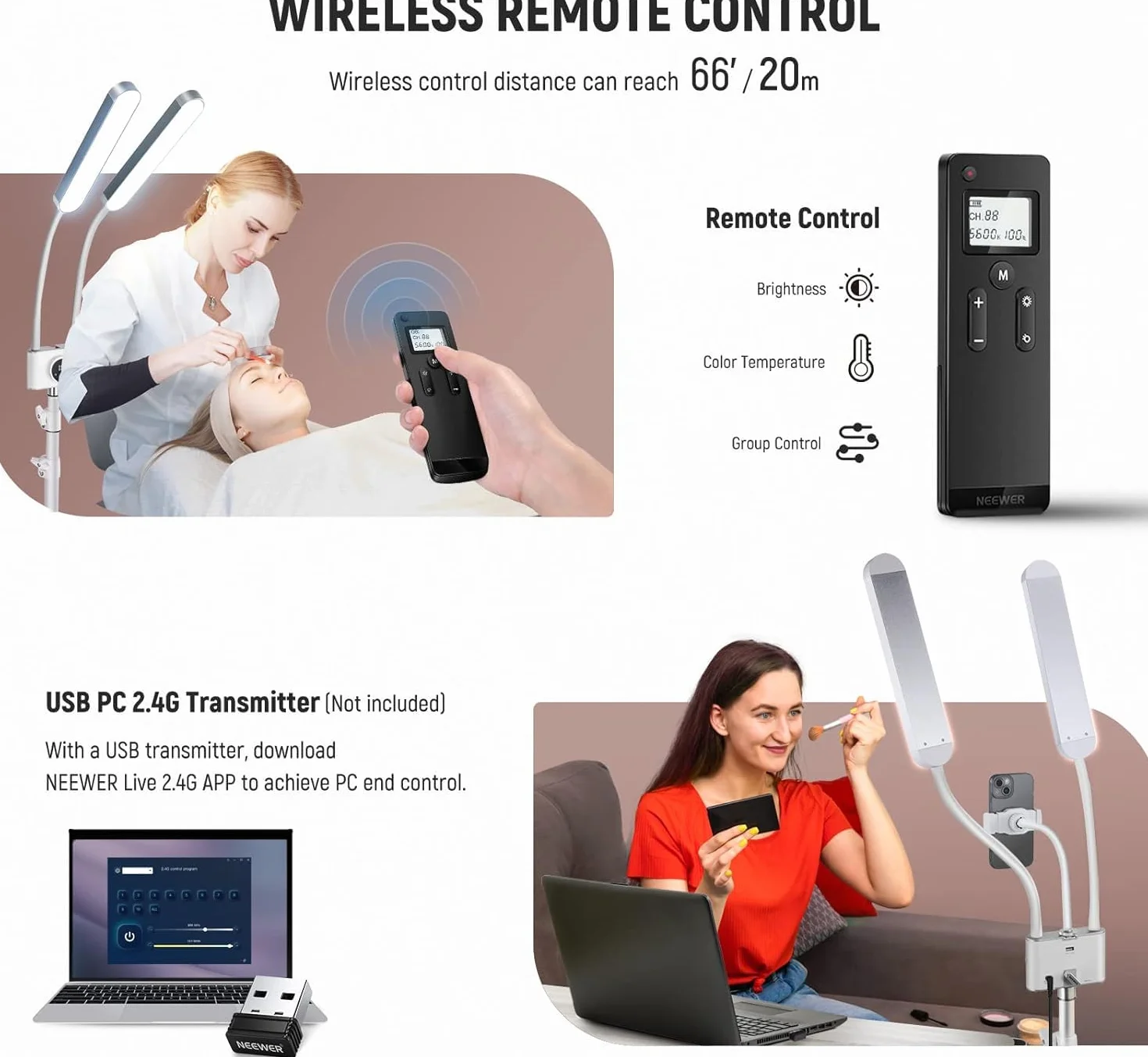 Neewer Kosmetyczka z uchwytem na telefon i zestawem torby podróżnej, lampa do aparatu LED z 2,4G/PC/Mac i oddzielnym sterowaniem 2 świecącymi pałeczkami, CRI98+, oświetlenie do tatuażu/urody