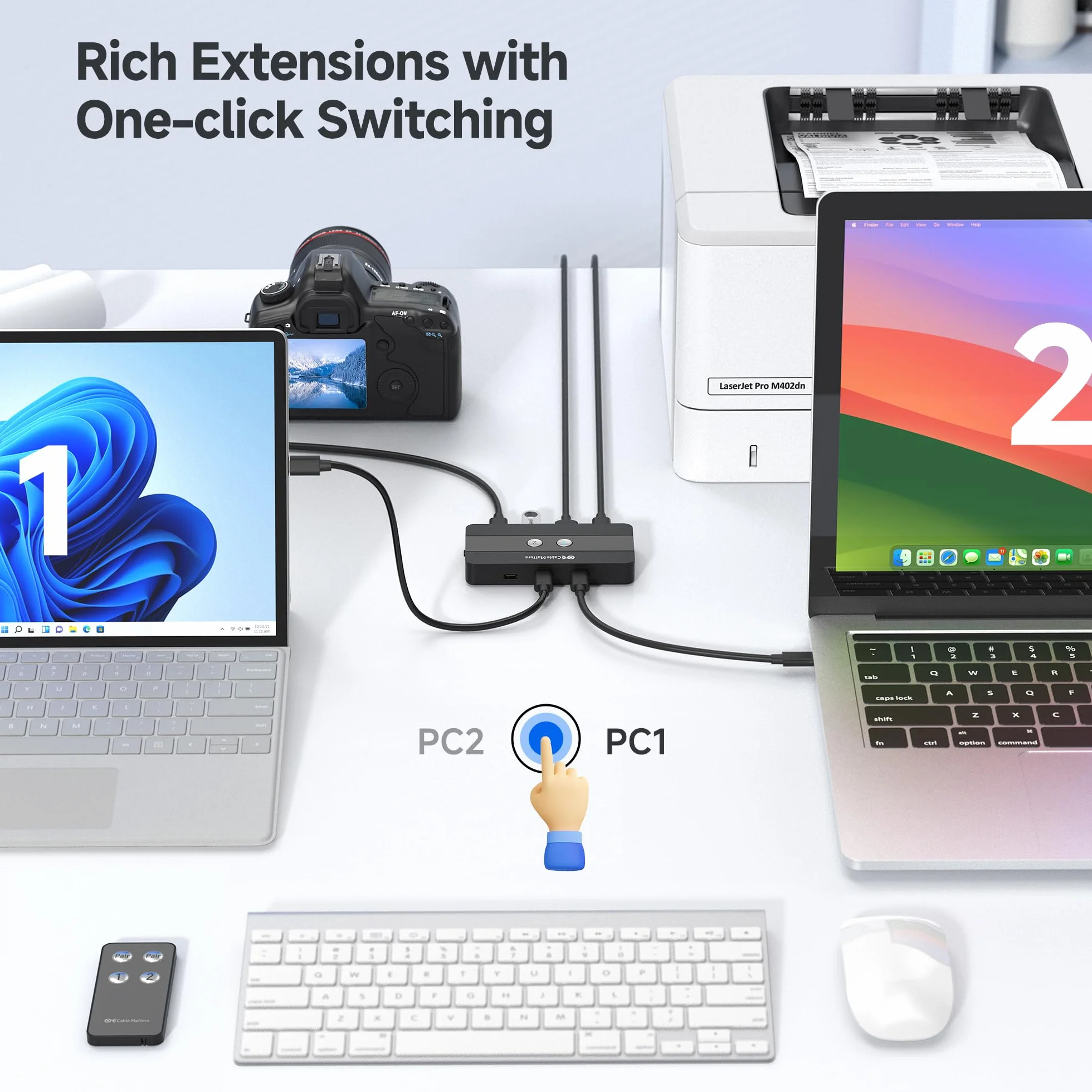 Cable Matters Przełącznik USB-C/A do 2 Komputerów i 4 Urządzeń | 2x USB-A i 2x USB-C, tylko dane, bez wideo i ładowania hosta, pilot w zestawie