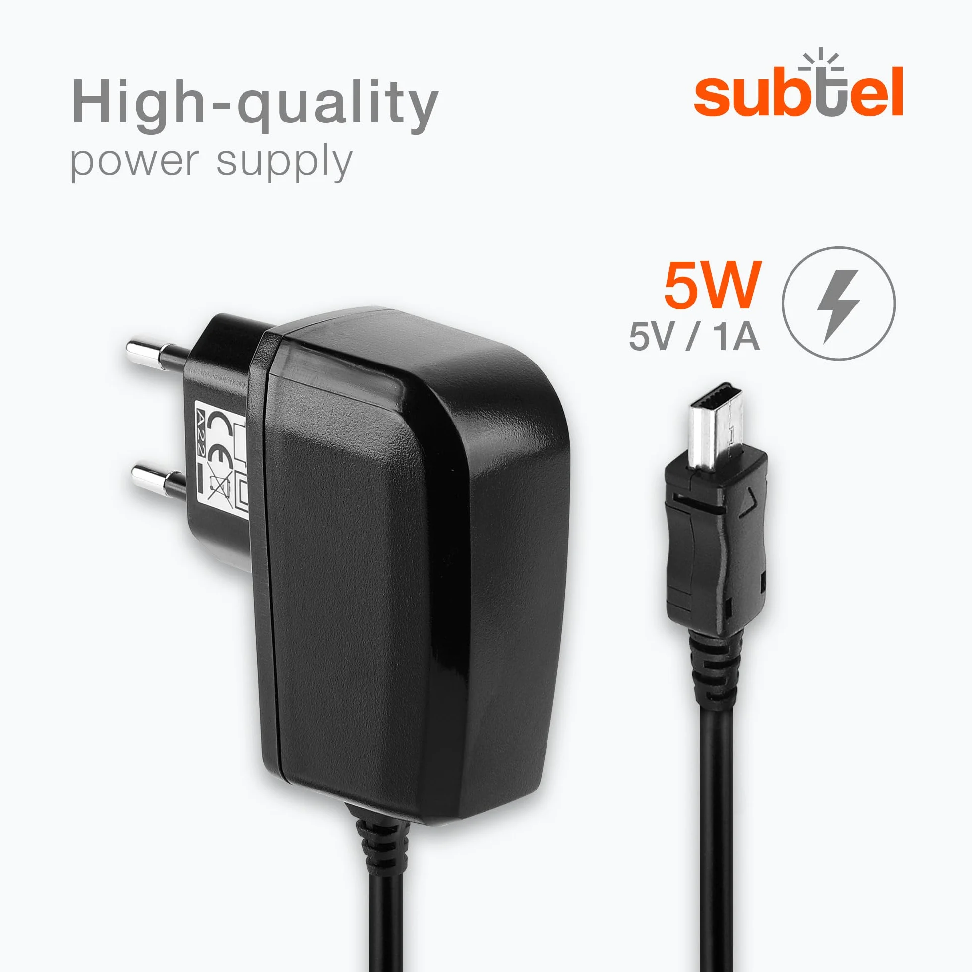 subtel® Kabel do ładowania 1,1 m 1 A / 1000 mA kompatybilny z Garmin Edge, DriveAssist, DriveSmart, Nüvi, Oregon, eTrex, GPSMAP 5 V mini USB ładowarka zasilacz Charger czarny