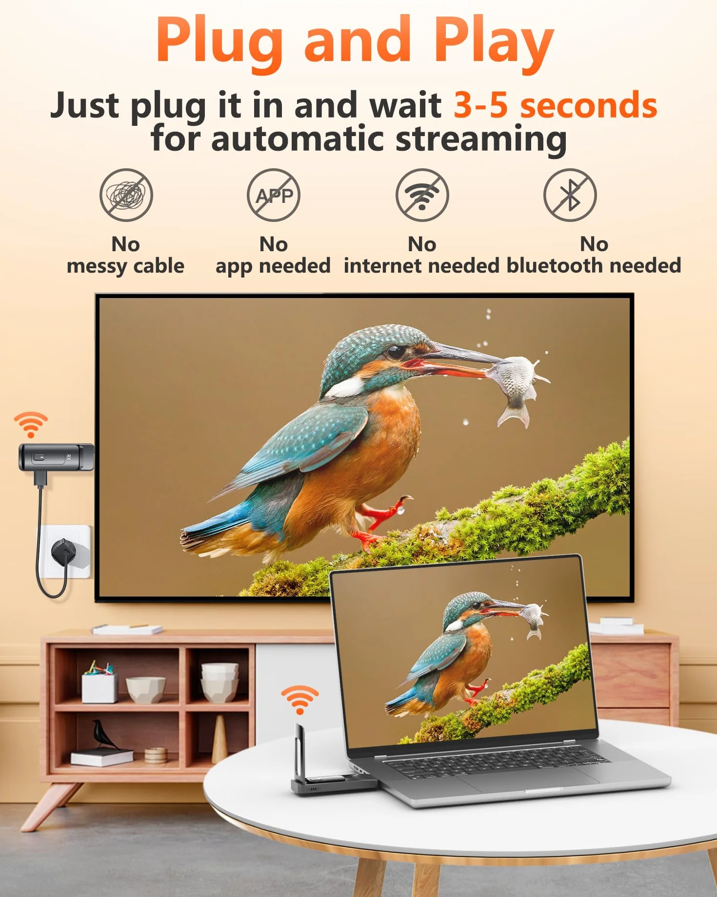 2026 AIMIBO bezprzewodowy transmiter i odbiornik HDMI, transmisja radiowa 5G HDMI do 6 telewizorów, wejście 4K 1080p @60 Hz ze składaną anteną do laptopa/PC/TV Box do wielu TV/monitorów/projektorów 50