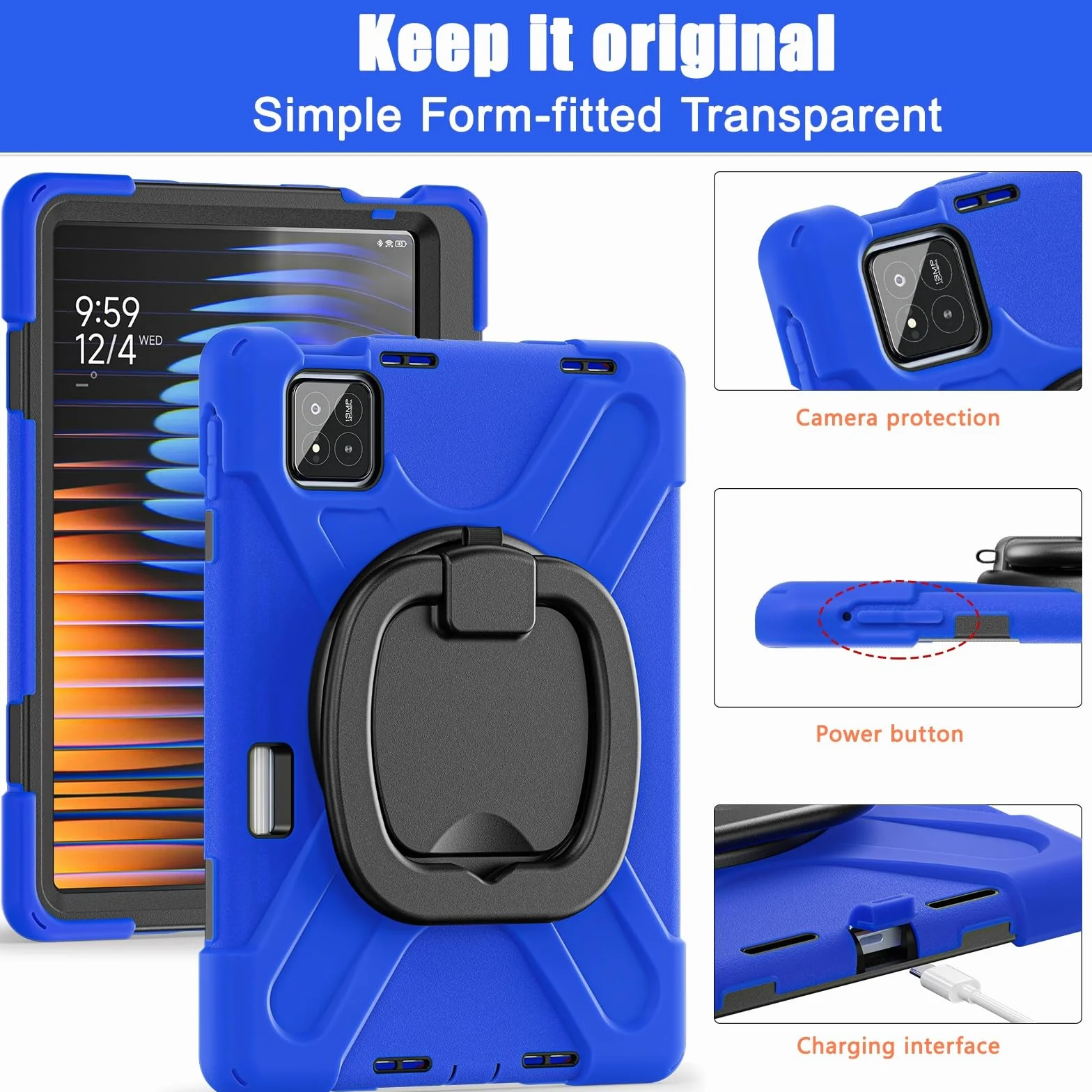 Pełne etui ochronne Etui na Xiaomi Mi Pad 8 / Mi Pad 8 Pro 11,2" 2025, odporne na wstrząsy, wytrzymałe etui z obrotową podpórką 360°, paskiem na rękę/ramię, wytrzymała obudowa na tablet(Blu)