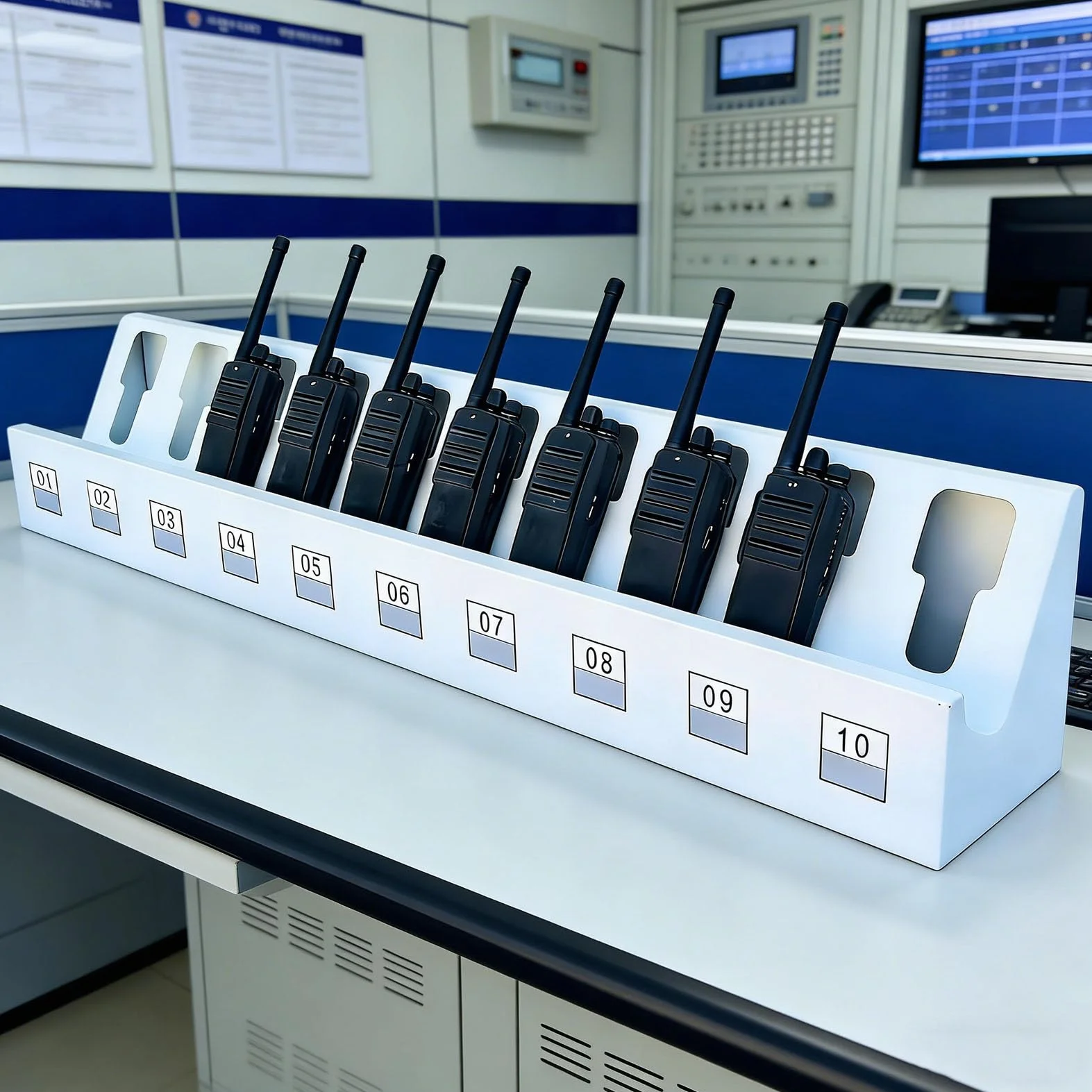 Uchwyt na Walkie Talkie ze Stali Wytrzymałej, Regał Organizer Biurkowy na Radio Dwukierunkowe, Bez Konieczności Montażu, Skrytka Przechowawcza na Radiotelefon Ręczny dla Ochrony, Hotelu, Biura