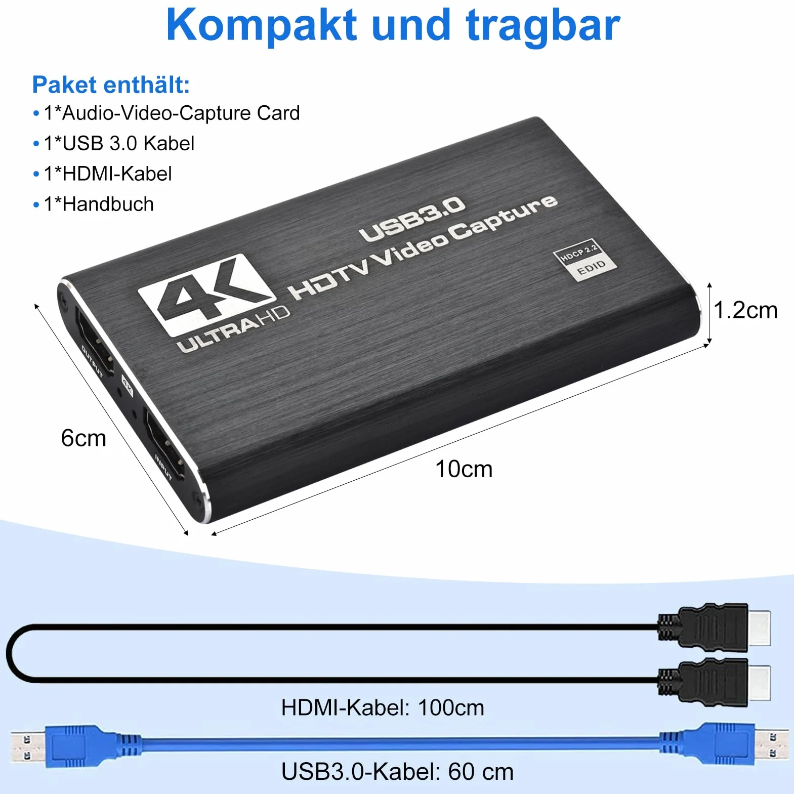 Karta przechwytywania wideo 4K, USB 3.0, obsługuje wyjście 4K HDMI Loop i nagrywanie strumieniowe wideo 1080p 60 kl./s, kompatybilna z Xbox/PS4/Switch/aparatem/PC/OBS