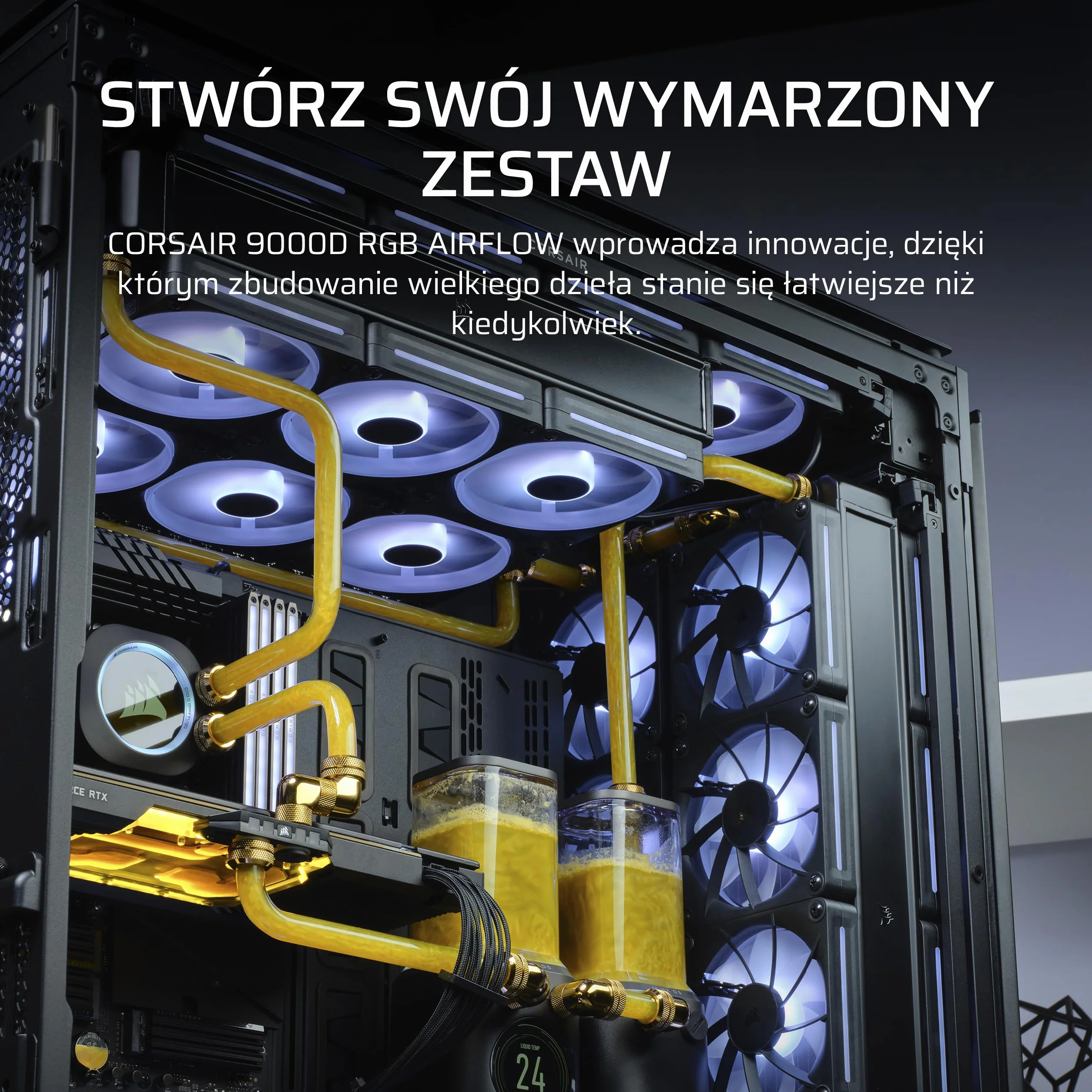 CORSAIR 9000D RGB AIRFLOW Super Full-Tower Obudowa Komputera – Przestronne Wnętrze – Mocowanie Wentylatorów InfiniRail™ – W Zestawie Koncentrator Systemowy iCUE LINK – Bez Wentylatorów – Czarny