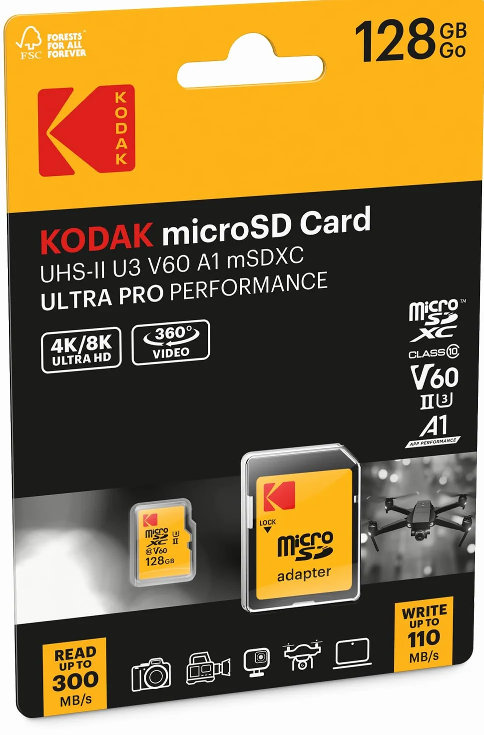 Kodak - Karta MicroSD 128GB - UHS-II U3 V60 - Wysoka prędkość odczytu 300 MB/s przy zapisie 160 MB/s - Wideo 4K/8K - Idealny do fotografii i wideografii - Adapter SD w zestawie