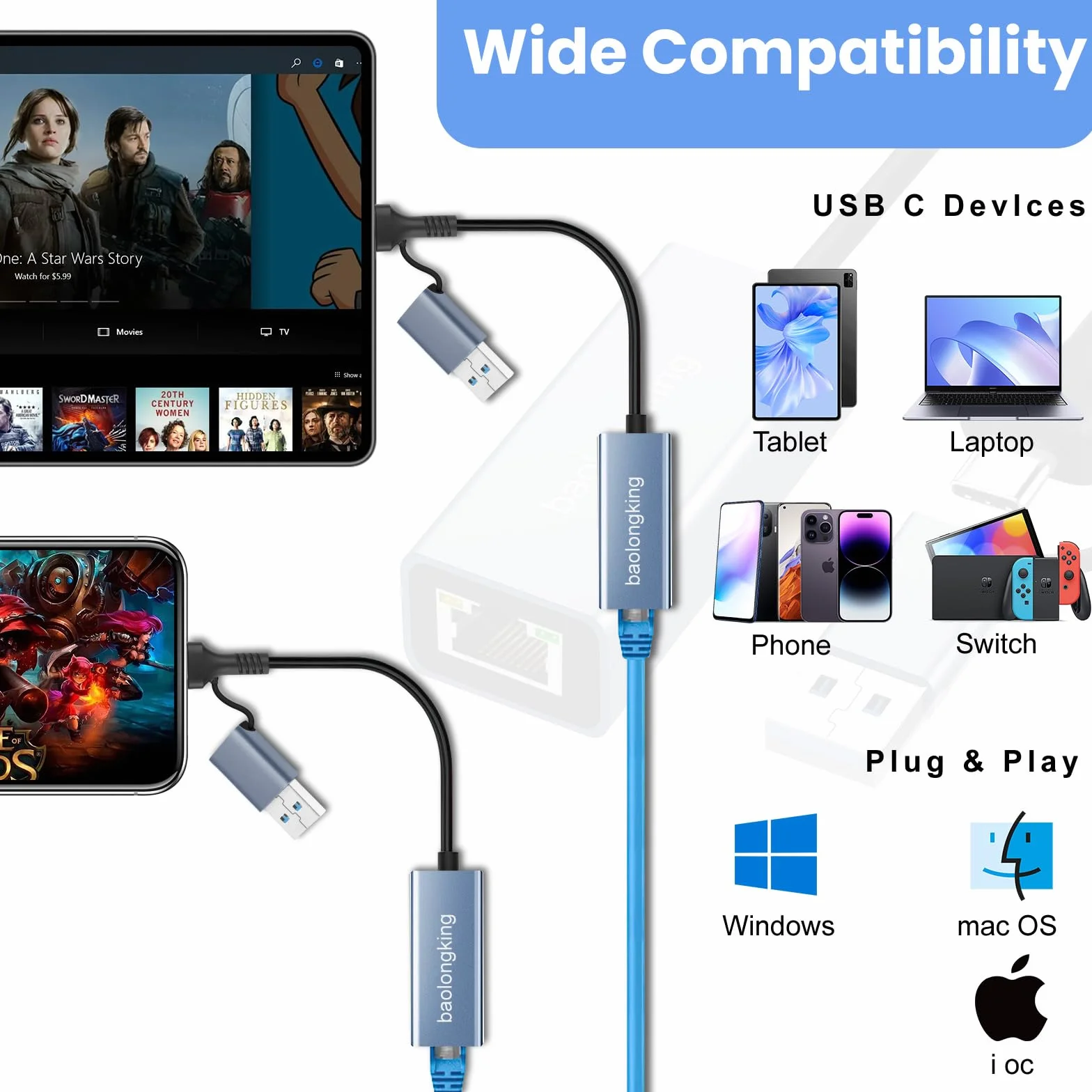 Adapter sieciowy USB-C Ethernet 1000 Mb/s USB 3.0 10/100/1000 Mb/s