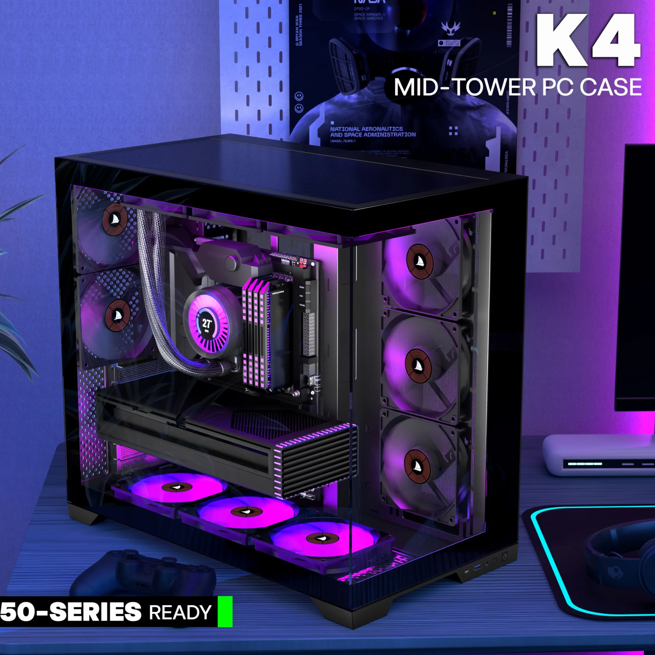 KEDIERS Obudowa PC, 5 fabrycznie zainstalowanych wentylatorów, obudowa do gier ATX Mid Tower - obudowa komputera z otwartą częścią boczną ze szkła hartowanego w kolorze czarnym