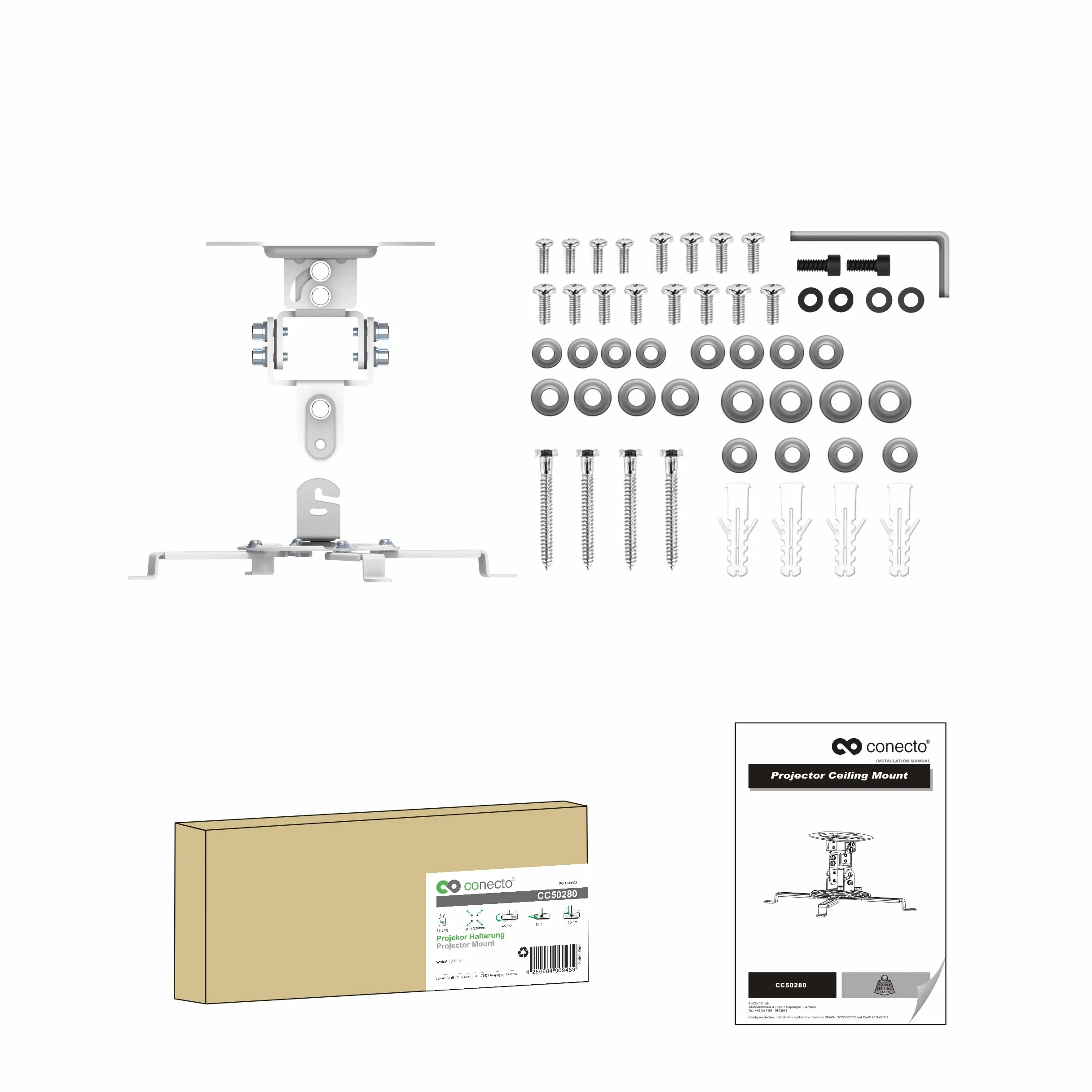 conecto CC50280 uchwyt sufitowy do projektora, możliwość pochylenia od -15° do +15°, obracany o 360°, rozstaw sufitowy 150 mm, nośność maks. 13,5 kg, uniwersalny zakres montażu 54-320 mm, biały