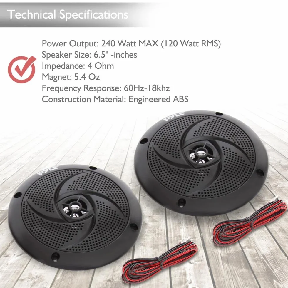 Pyle Marine Speakers 6.5 Inch - 2 Way Waterproof and Weather Resistant Outdoor Audio Stereo Sound System with 240 Watt Power and Low Profile Slim Style - 1 Pair (Black)