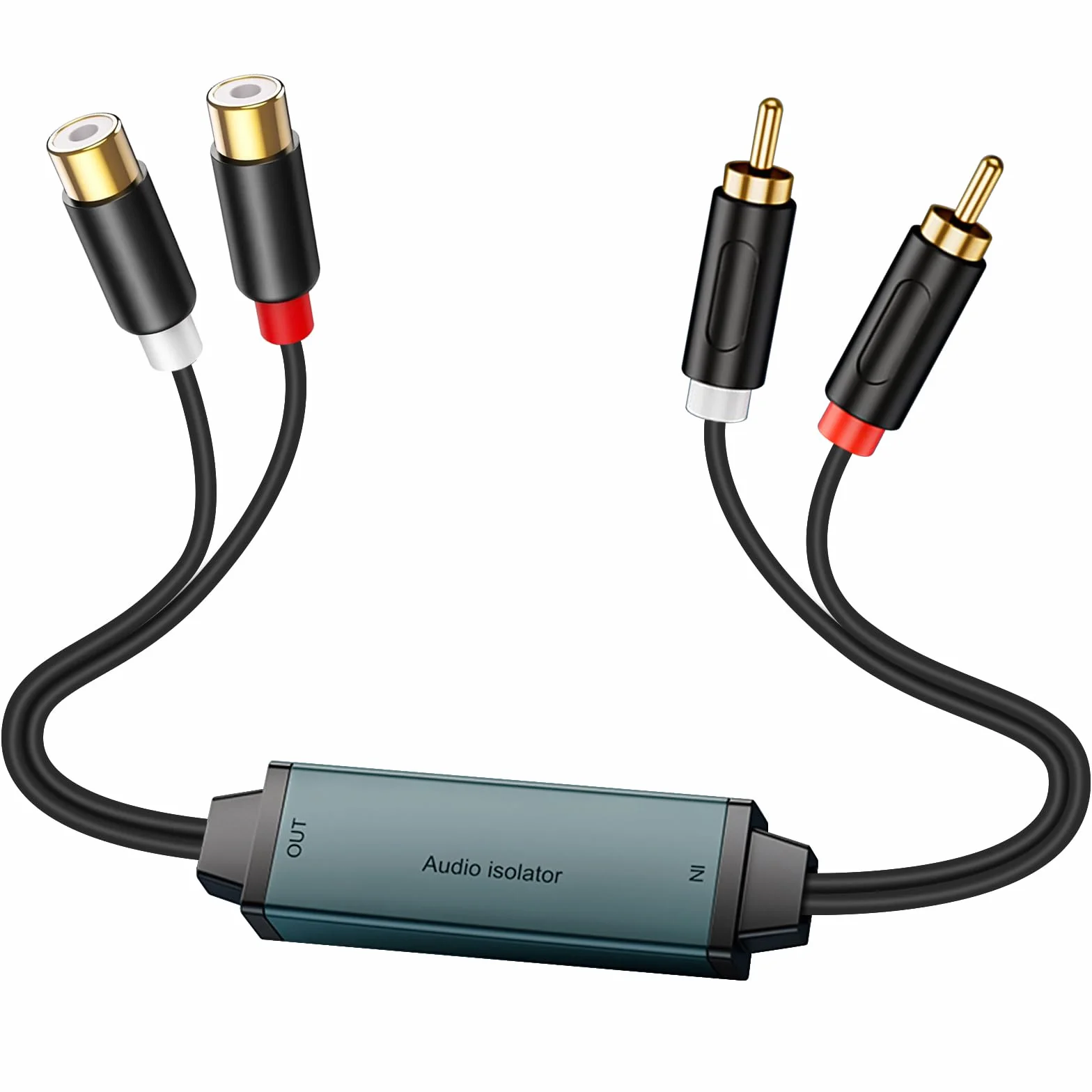 Duttek Izolator pętli uziemienia RCA, eliminator szumów z filtrem z podwójnym kablem audio RCA męski na żeński do samochodowego systemu audio/domowego systemu stereo - Plug and Play