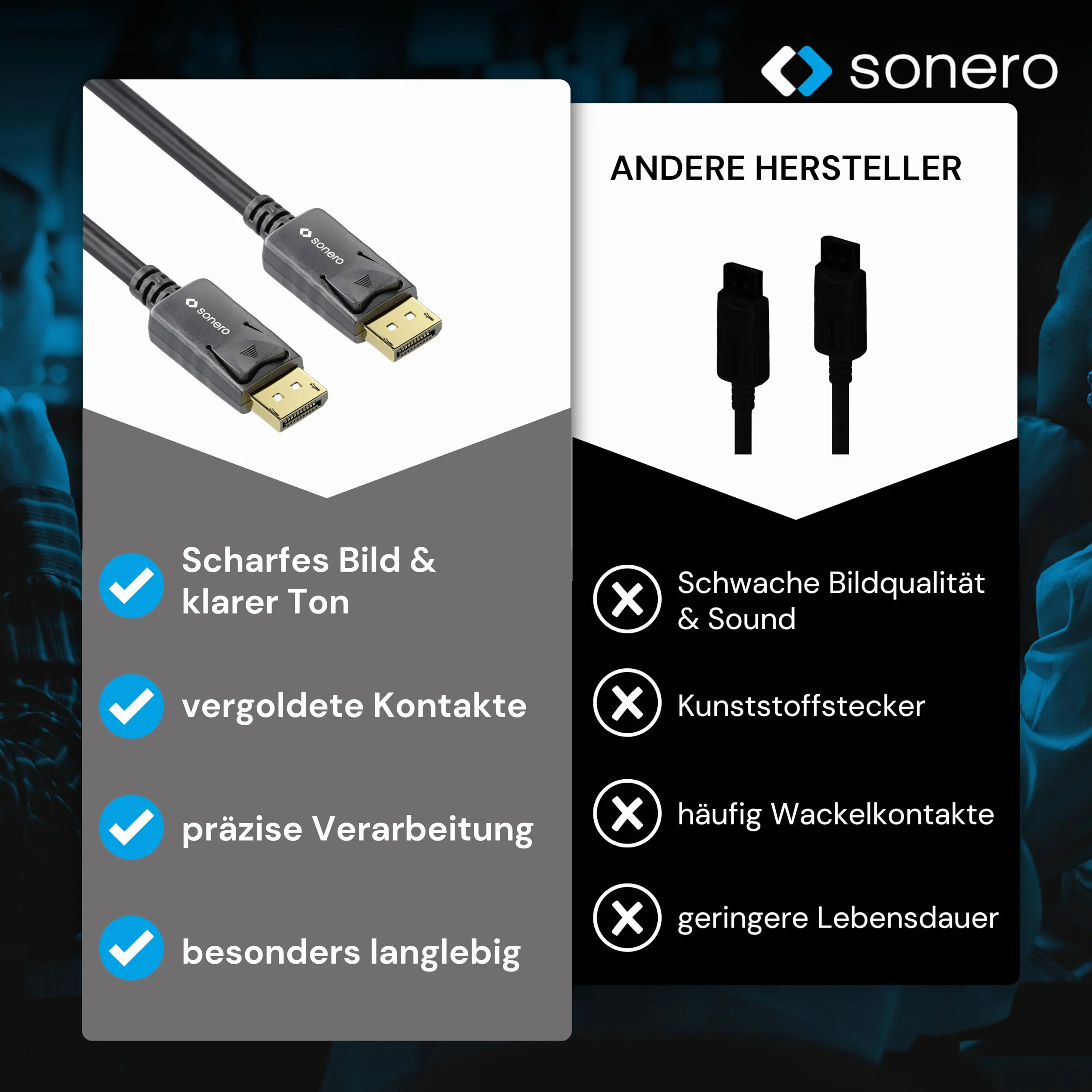 sonero Kabel DisplayPort 1.4 o długości 1,8 m, DisplayPort do DisplayPort, 8K przy 60 Hz, czarny