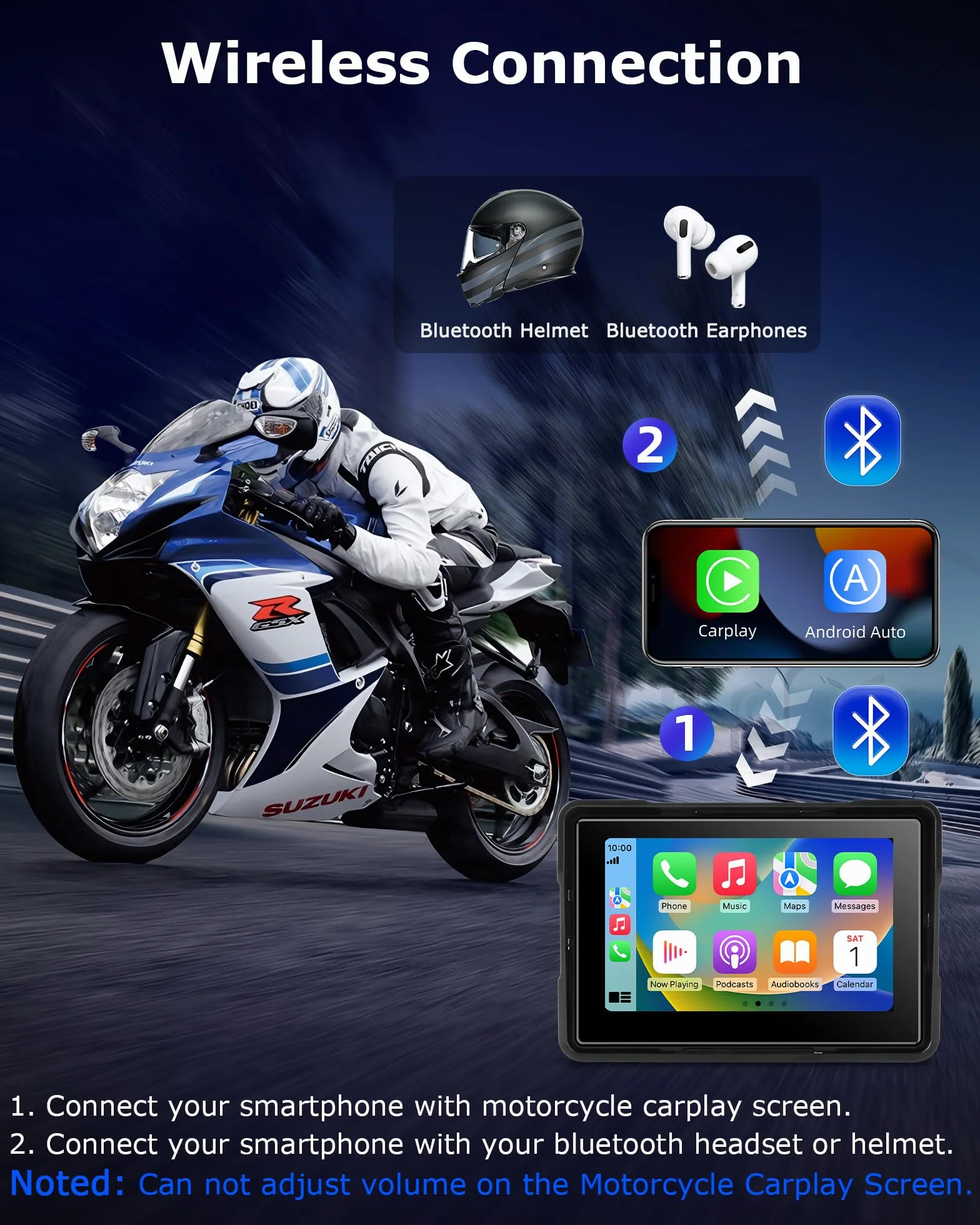 Jansite Carplay Moto Android Auto Screen z TPMS, 5-calowy ekran dotykowy Moto Navigator Wodoodporny IP67 CarPlay i Android Auto Wireless, nawigacja GPS, Siri Goo-gle