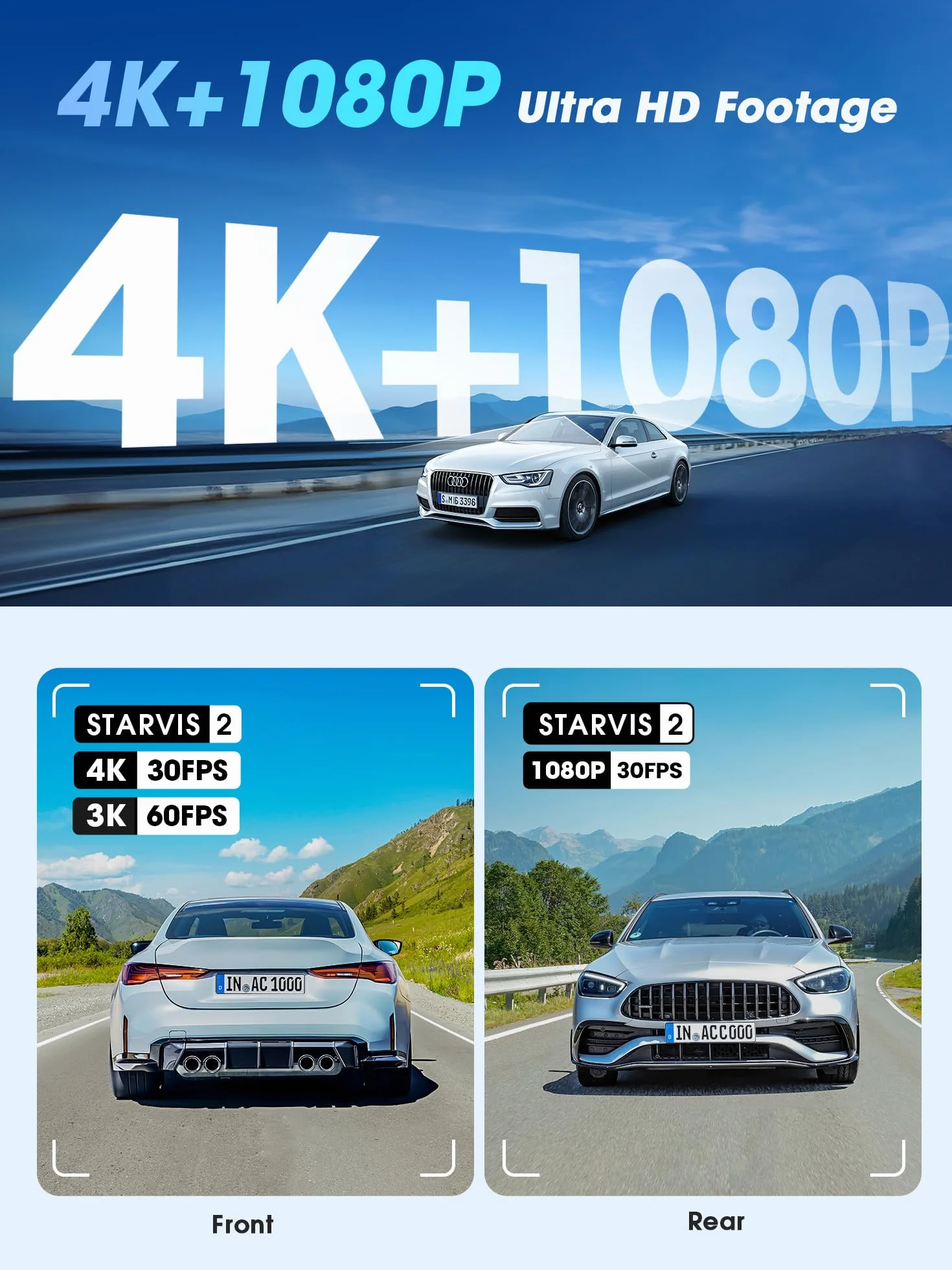 DDPAI Z60 Pro 4K Rejestrator Jazdy Przedni/Tylny, Podwójny STARVIS 2, Wbudowana eMMC 32GB + Darmowa karta 128GB, AI-ISP Widzenie nocne, 4G LTE, WiFi 5GHz GPS, Tryb parkingowy 24h, Ekran IPS 3”
