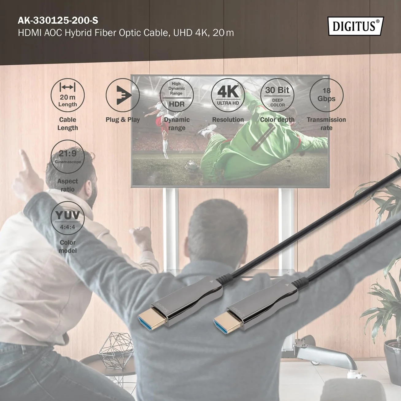 DIGITUS HDMI AOC Hybrydowy kabel światłowodowy - HDMI 2.0b - 4K/60Hz - UHD - Kanał Ethernet - HDR ARC HDCP 2.2 - Pozłacane styki - 20m - Czarny