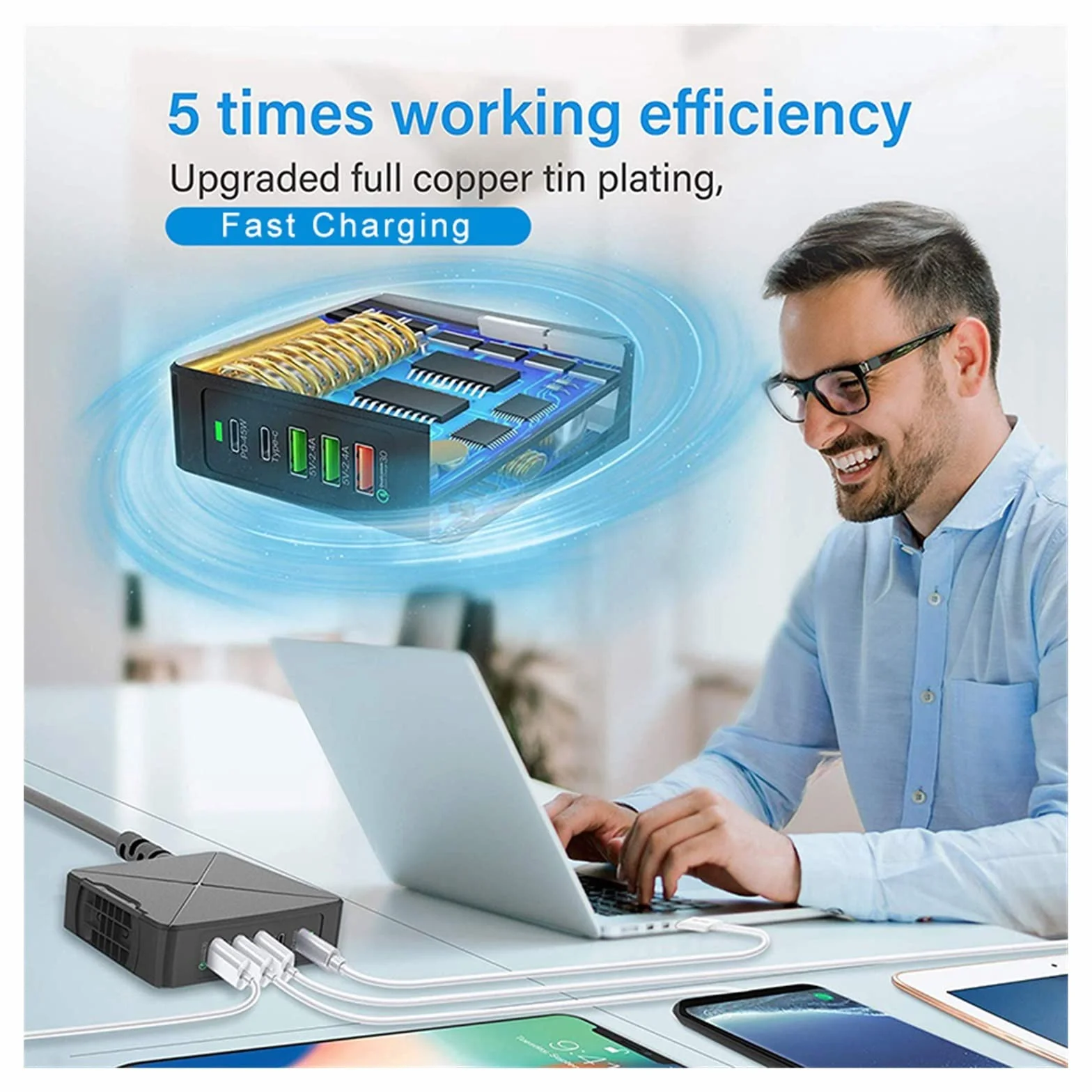 Wielofunkcyjna ładowarka USB, 75W 5 portowa stacja ładująca USB typ C PD szybkie ładowanie QC 3.0 szybka ładowarka do telefonu komórkowego Tablet Laptop, wieloportowe ładowanie USB