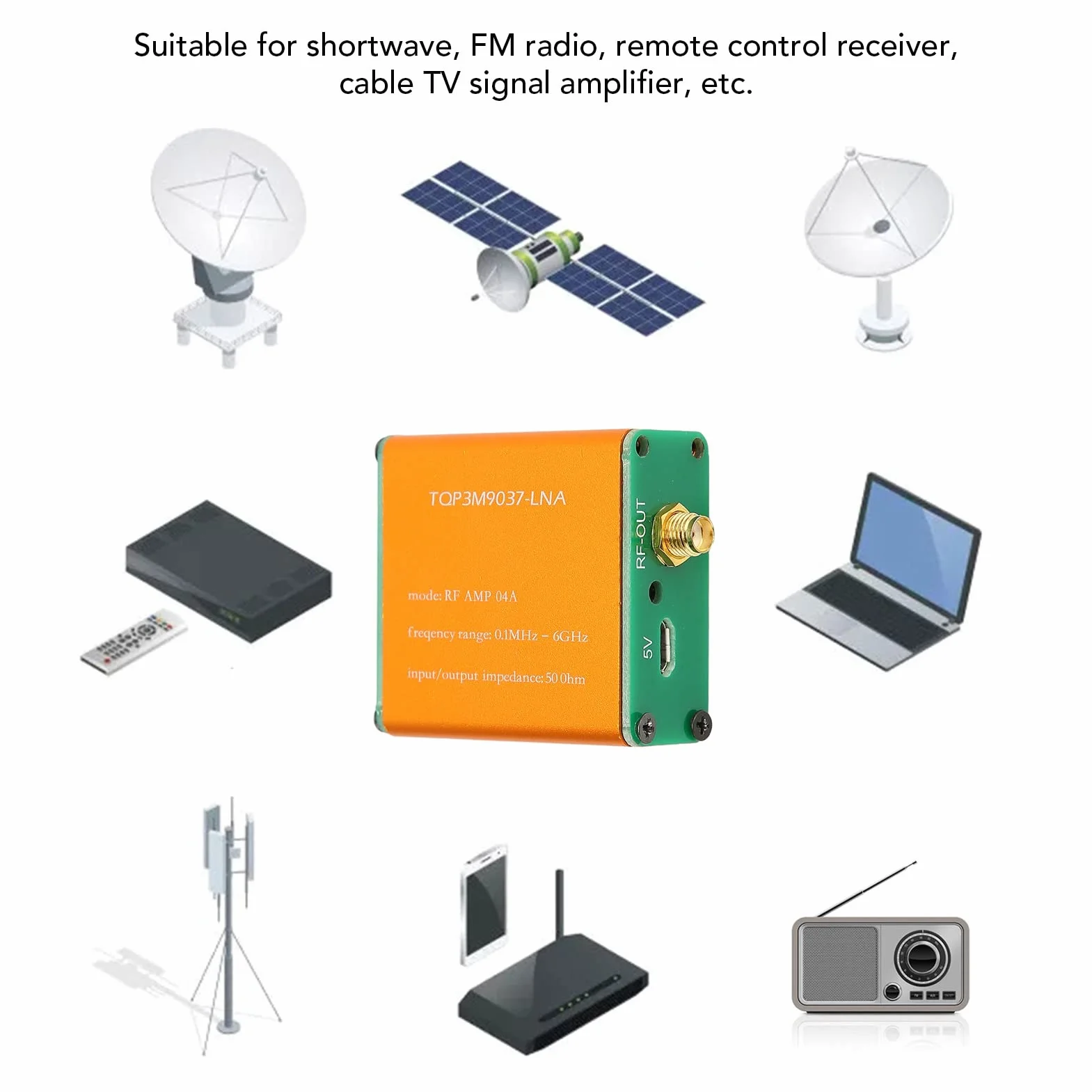 Wzmacniacz HF, moduł LNA wzmacniający 20DB wzmacniacz audio wzmacniacz RF 0,1MHz-6GHz, do fal krótkich FM radia UKF oprogramowanie zdefiniowane przez radio (Dostarczany z jednym)