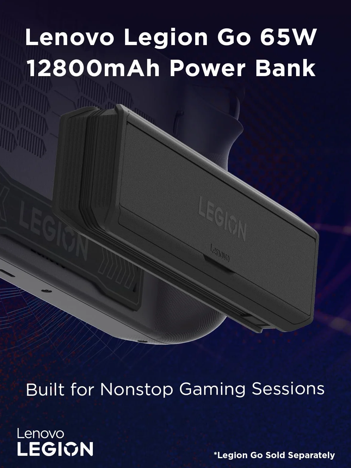 Lenovo - Power Bank for Legion Go (65 W i 12800 mAh, wbudowany kabel USB-C, wskaźnik LED, kompatybilny z Legion Go i Legion Go S) czarny