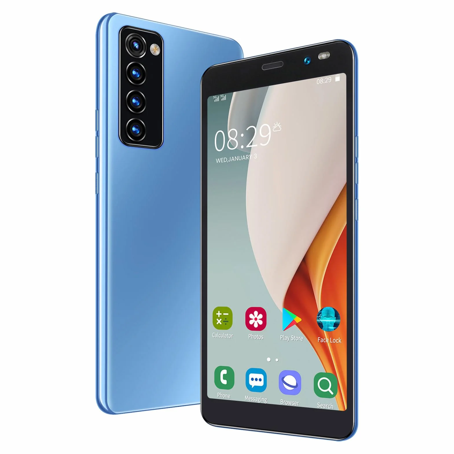 Rino4 Pro Smartfon, 5,45-calowy Pełnoekranowy HD MTK6572 Dwurdzeniowy Procesor Face Unlock, Wi-Fi, BT, FM Podwójne Karty Smartfon Z Podwójnym Trybem Gotowości Dla Androida 4.4.2(Niebieski)