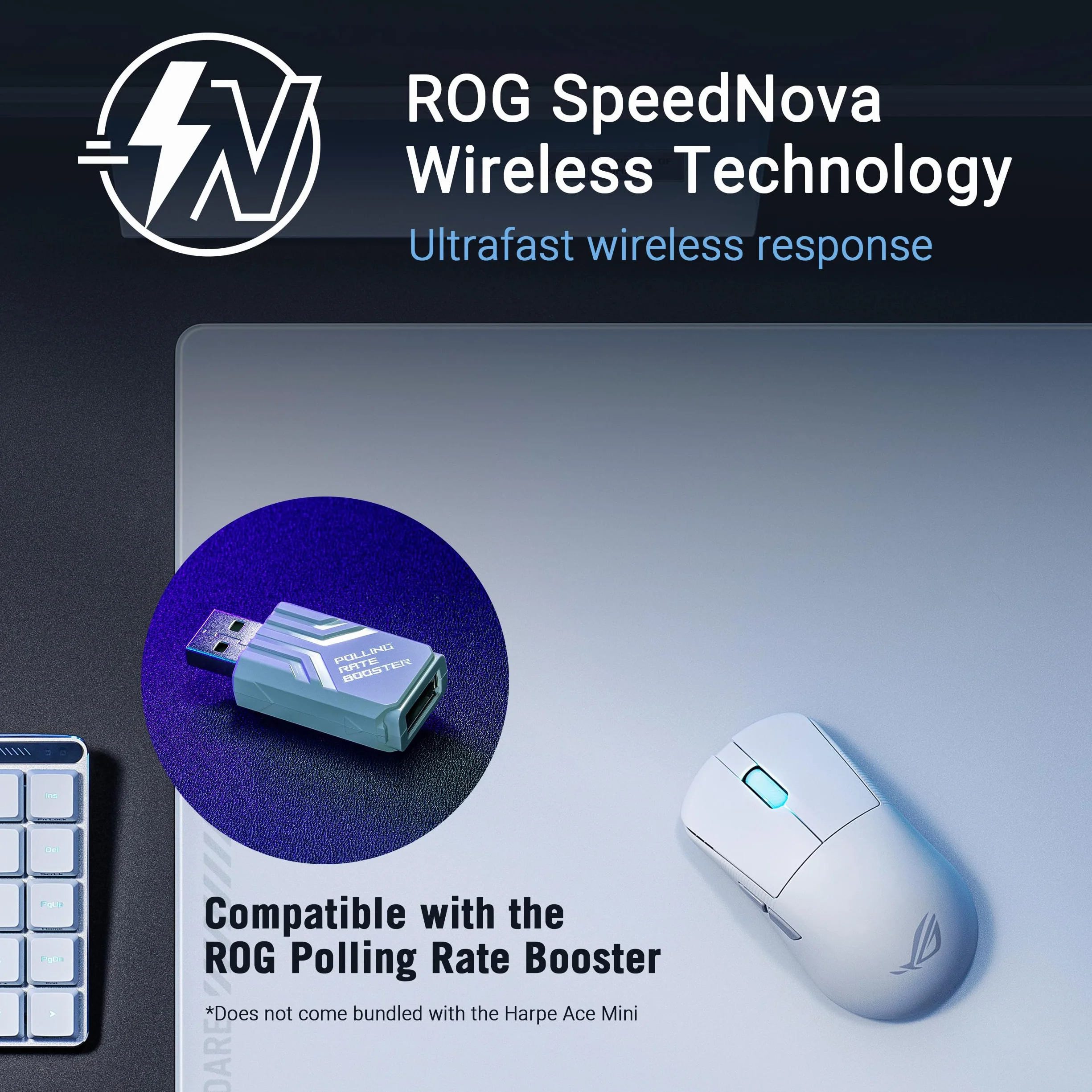 ASUS ROG Harpe Ace Mini bezprzewodowa mysz do gier, 49 g, lekka, czujnik optyczny AimPoint Pro 42K, mikroprzełączniki optyczne, ROG Polling Rate Booster, Esports i FPS, mała, średnia, księżycowa biel