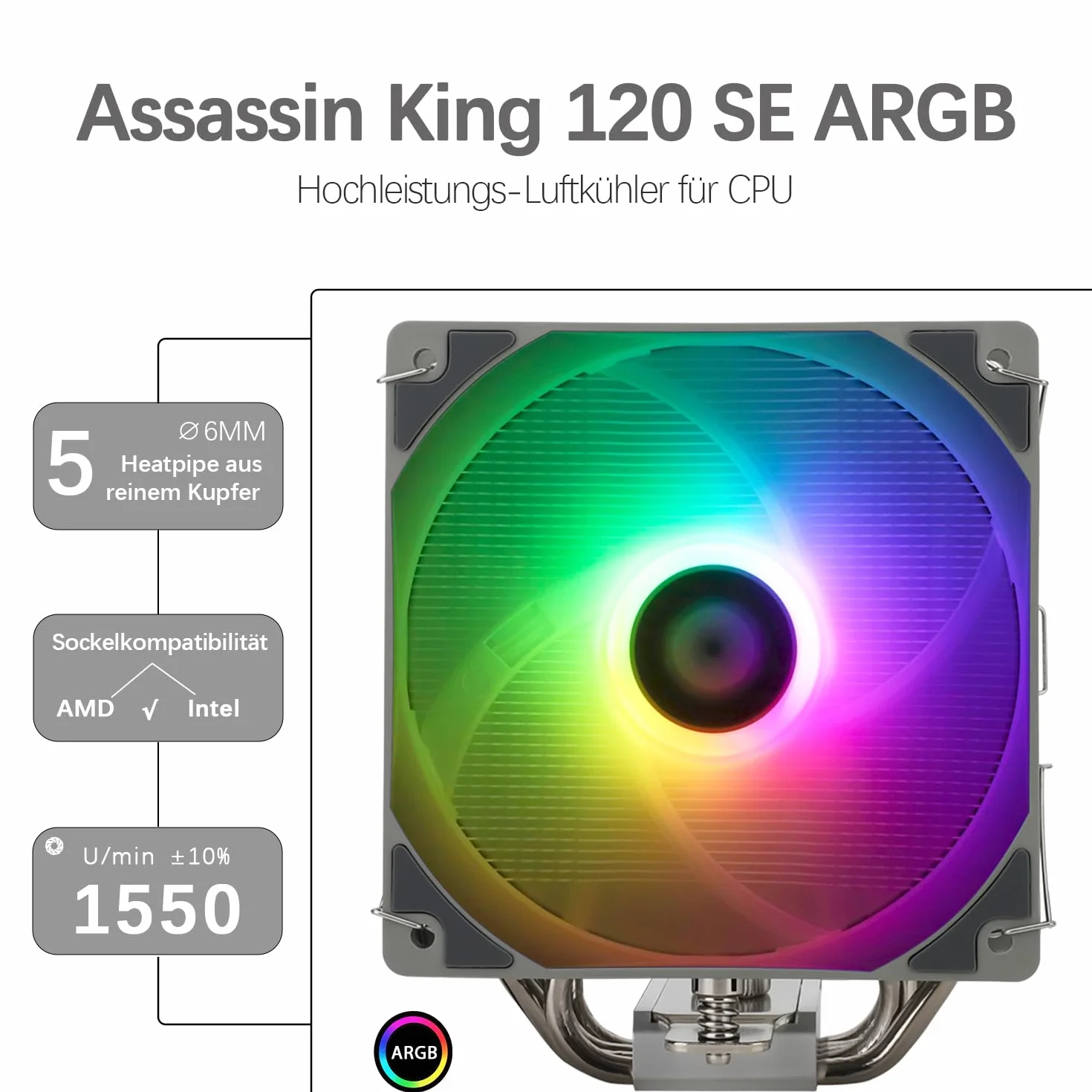 TR-Thermalright Assassin King 120 SE ARGB CPU chłodnica 5 Heatpipes, 1550 obr./min, cichy wentylator ARGB 120 mm, do AMD AM4 AM5, Intel LGA1851/1700/115x/1200,148 mm High PC
