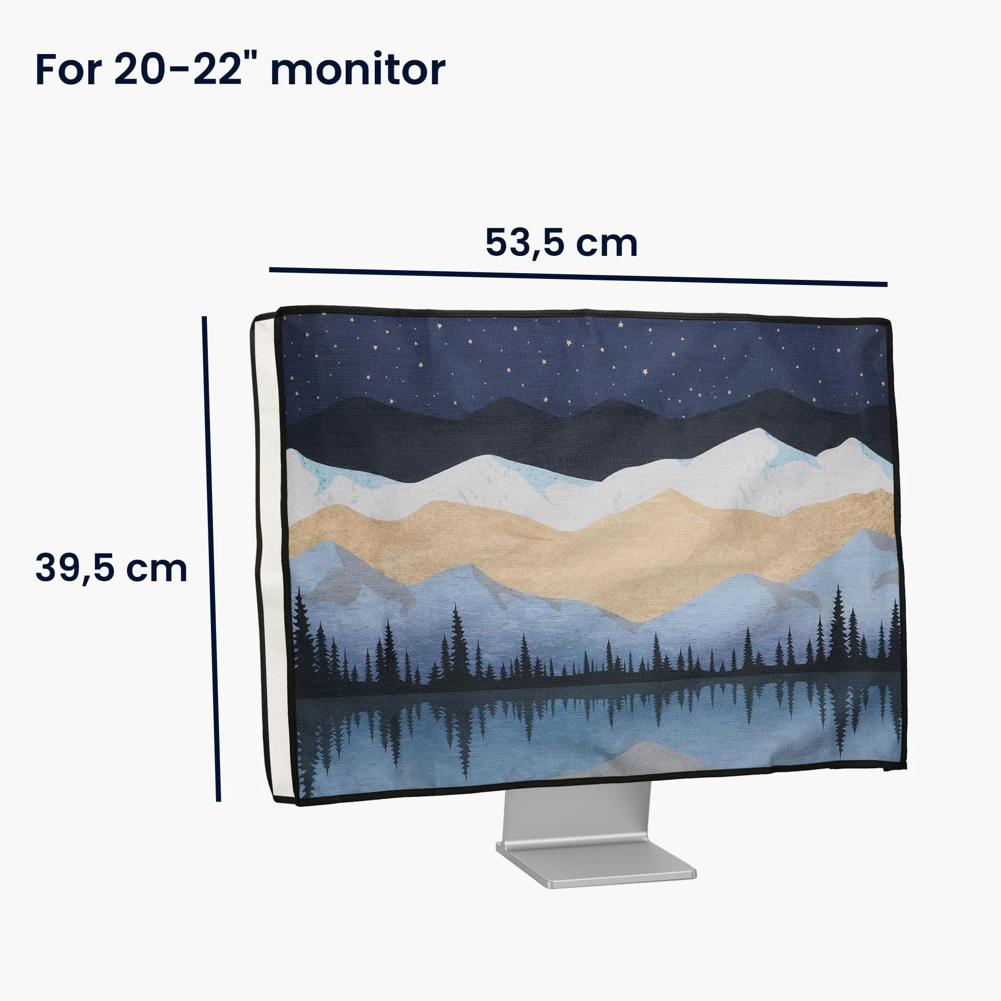 kwmobile Osłona przeciwpyłowa do monitora 50.8–55.9 cm, lniany ochraniacz na monitor z designem, gwiaździsta noc jezioro, biały/jasnobrązowy/ciemnoniebieski