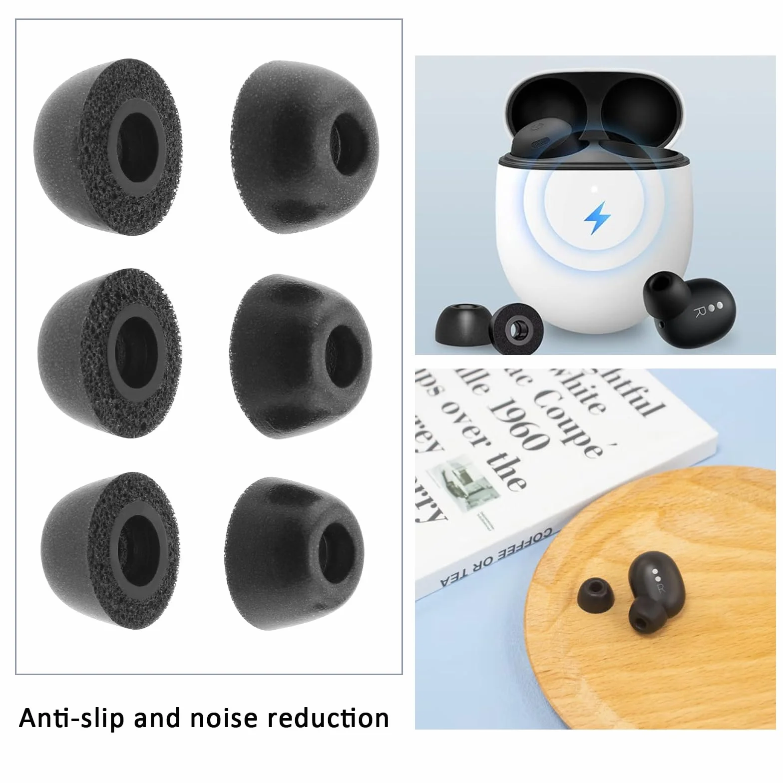3 pary końcówek dousznych z pianki z pamięcią kształtu, zestaw zawiera duże średnie małe rozmiary kompatybilne z Goo-gle Pixel Buds Pro czarne