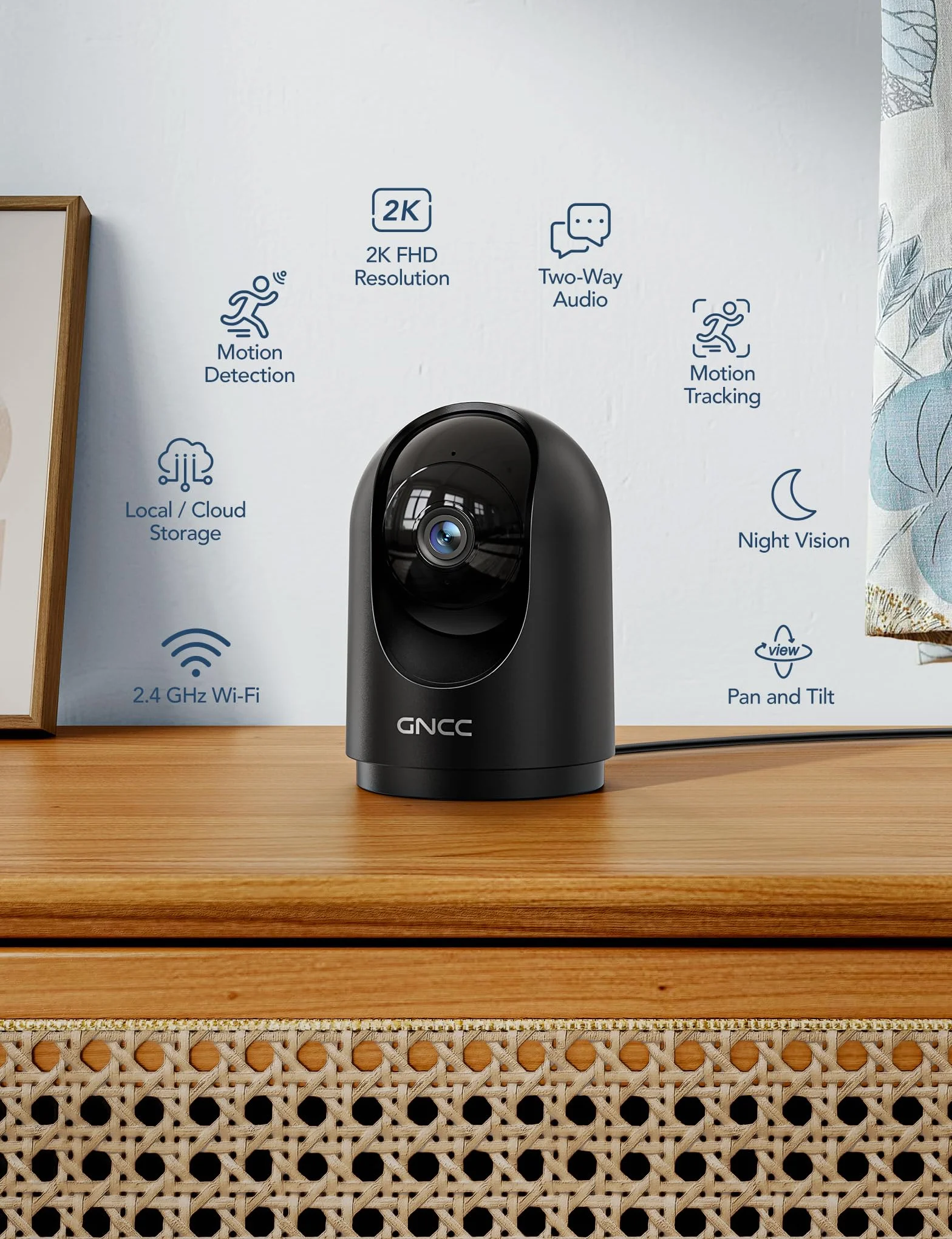 GNCC 2K 3MP Wewnętrzna kamera nadzorująca WiFi, 360°, noktowizor, dwukierunkowy dźwięk, wykrywanie ruchu, alarm, odpowiednia dla rodzin/niemowląt/zwierząt, kompatybilna z Alexa i Google, 2,4 GHz | Kamera dla psów/kotów/zwierząt SD/chmura, dwukierunkowy dź