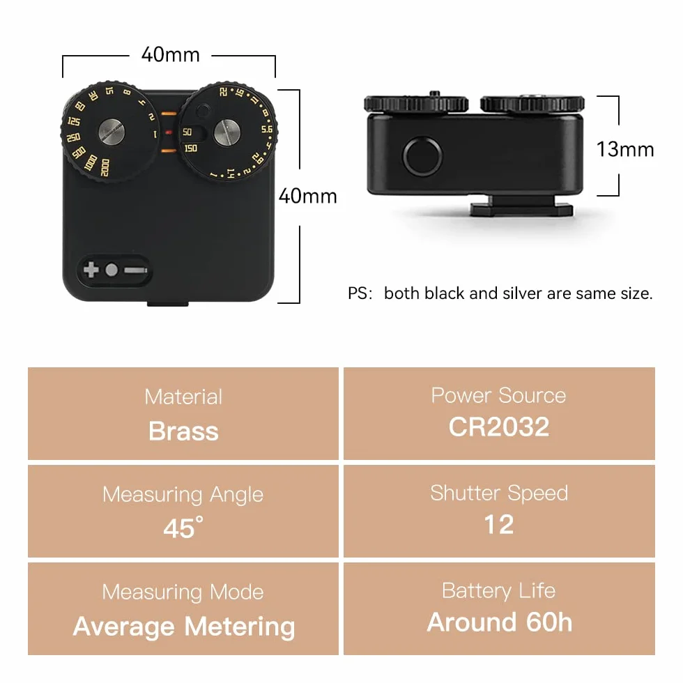 TTArtisan Light Meter dwa cyferblaty, miernik oświetlenia, do fotografii, kompatybilny z różnymi aparatami (mosiądz czarny)