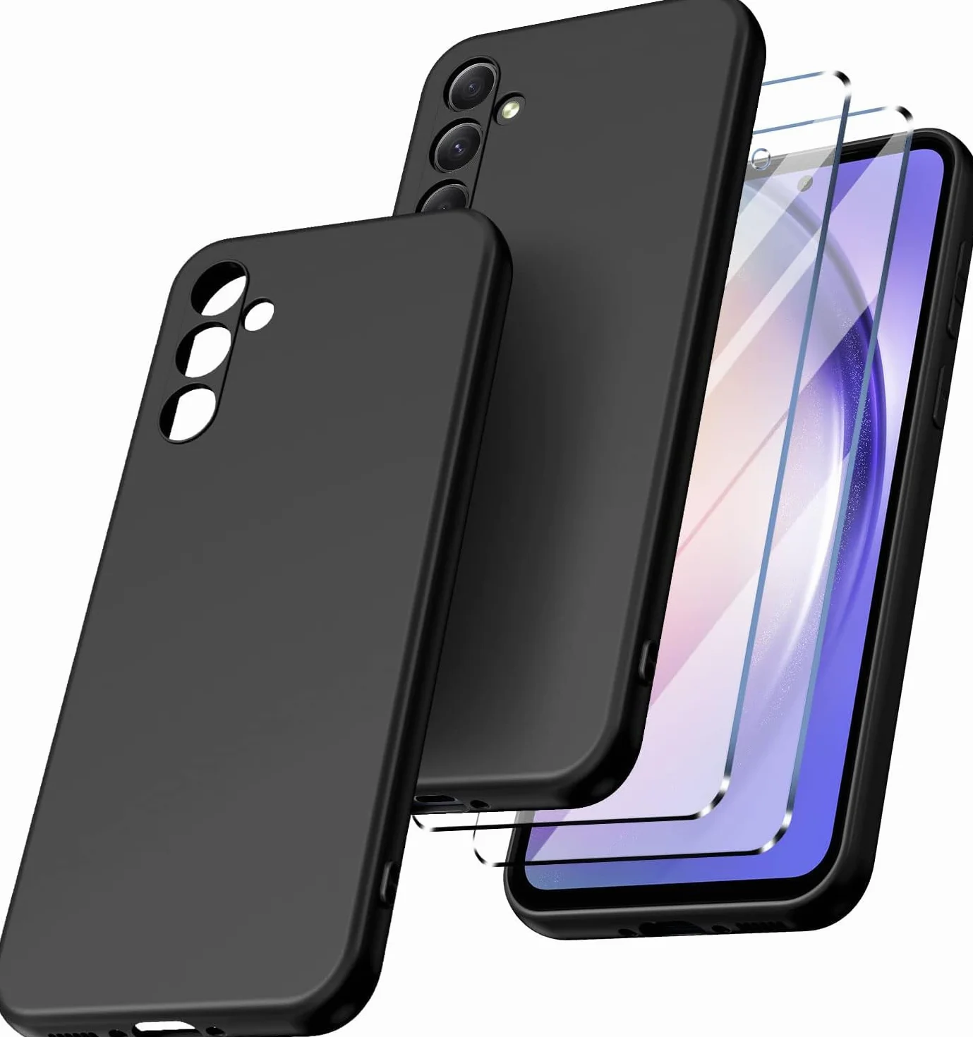 New&Teck Etui do Samsung Galaxy A54 5G + 2 osłony ekranu ze szkła hartowanego, miękkie silikonowe etui z TPU, osłona ze wzmocnionymi narożnikami, przezroczysta ochrona (czarne)