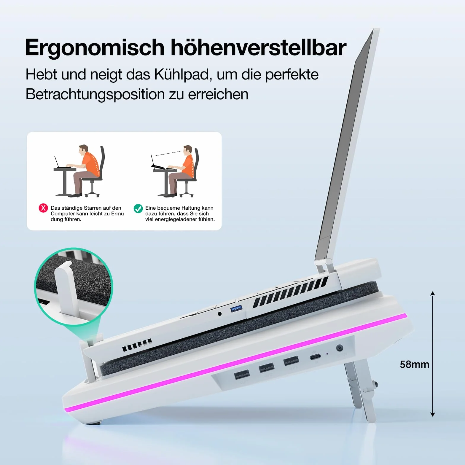 Chłodnica do laptopa z RGB 14 cm bardzo duży wentylator turbo, regulowana prędkość, pianka uszczelniająca, 3-portowy koncentrator USB do laptopów 39,6 cm