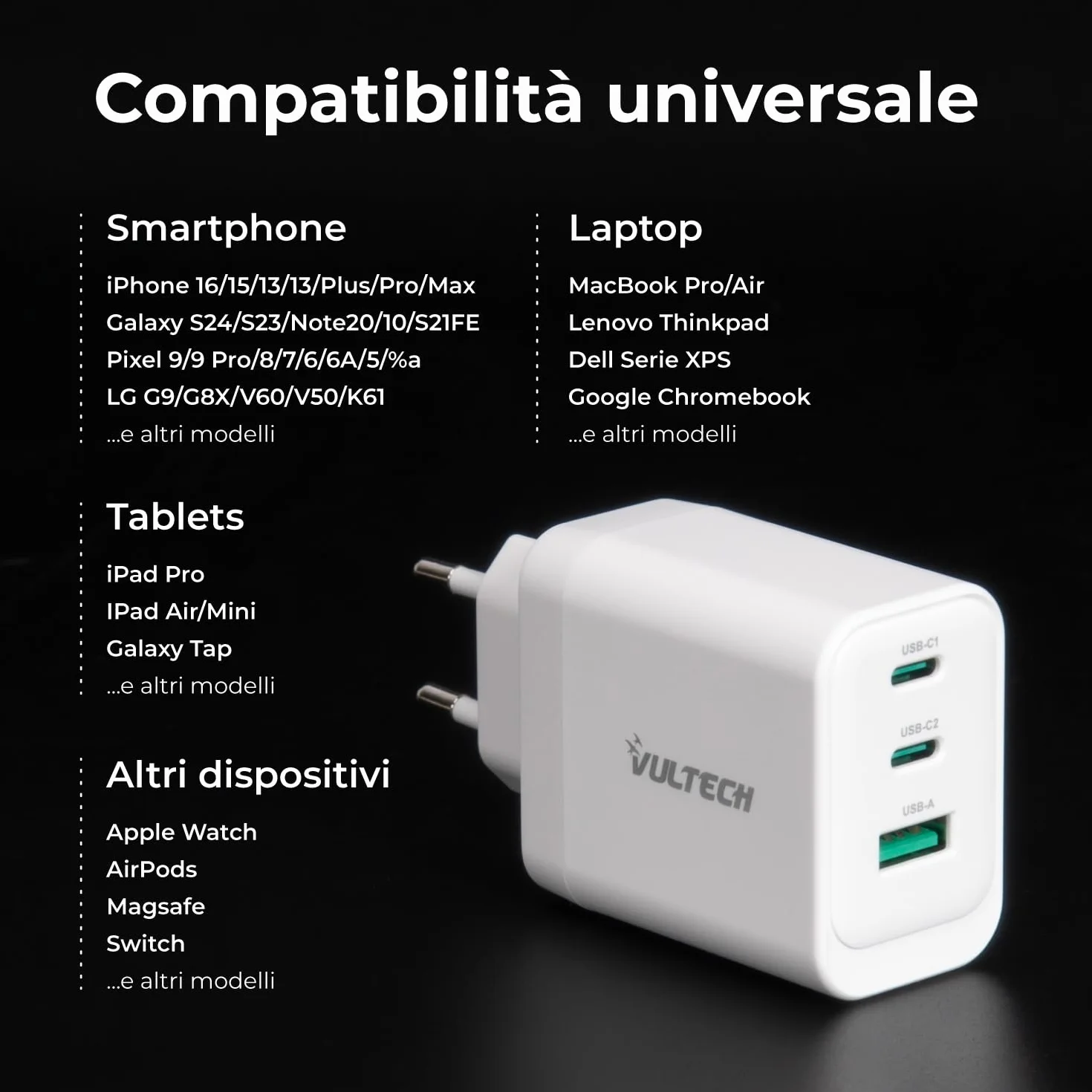 VulTech CC65-2C1A Uniwersalna ładowarka do notebooków Smartphone Tablet 65W GaN USB + 2 x Type-C/USB-C PD3.0 QC3.0 PPS biały - kompaktowy rozmiar