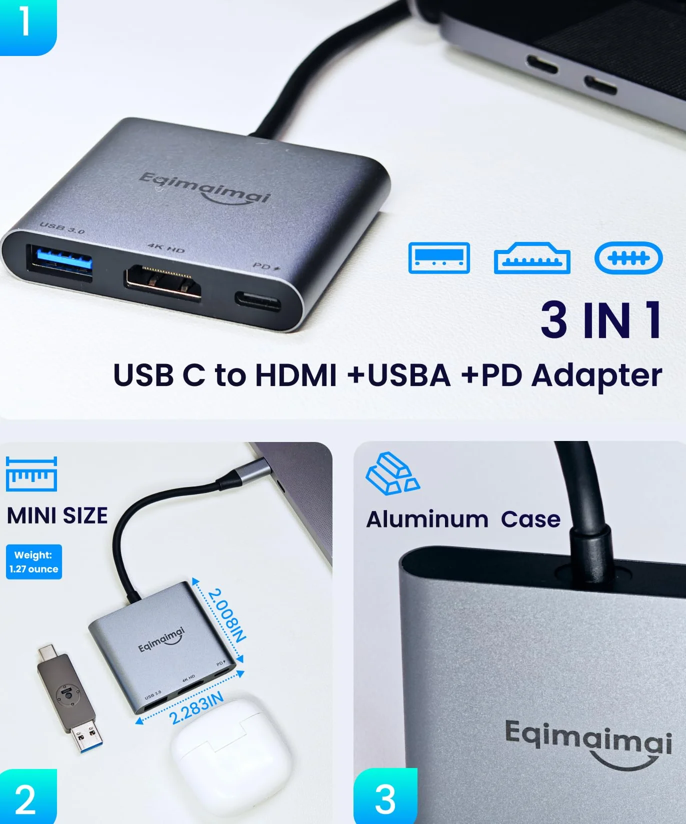 Adapter USB C na HDMI, 4K przy 30 HDMI na USB C, adapter USB C na HDMI z USB 3.0, ładowanie PD 100 W, wieloportowy koncentrator kompatybilny z MacBook Pro, iPad Air, iPhone, laptopem, telewizorem
