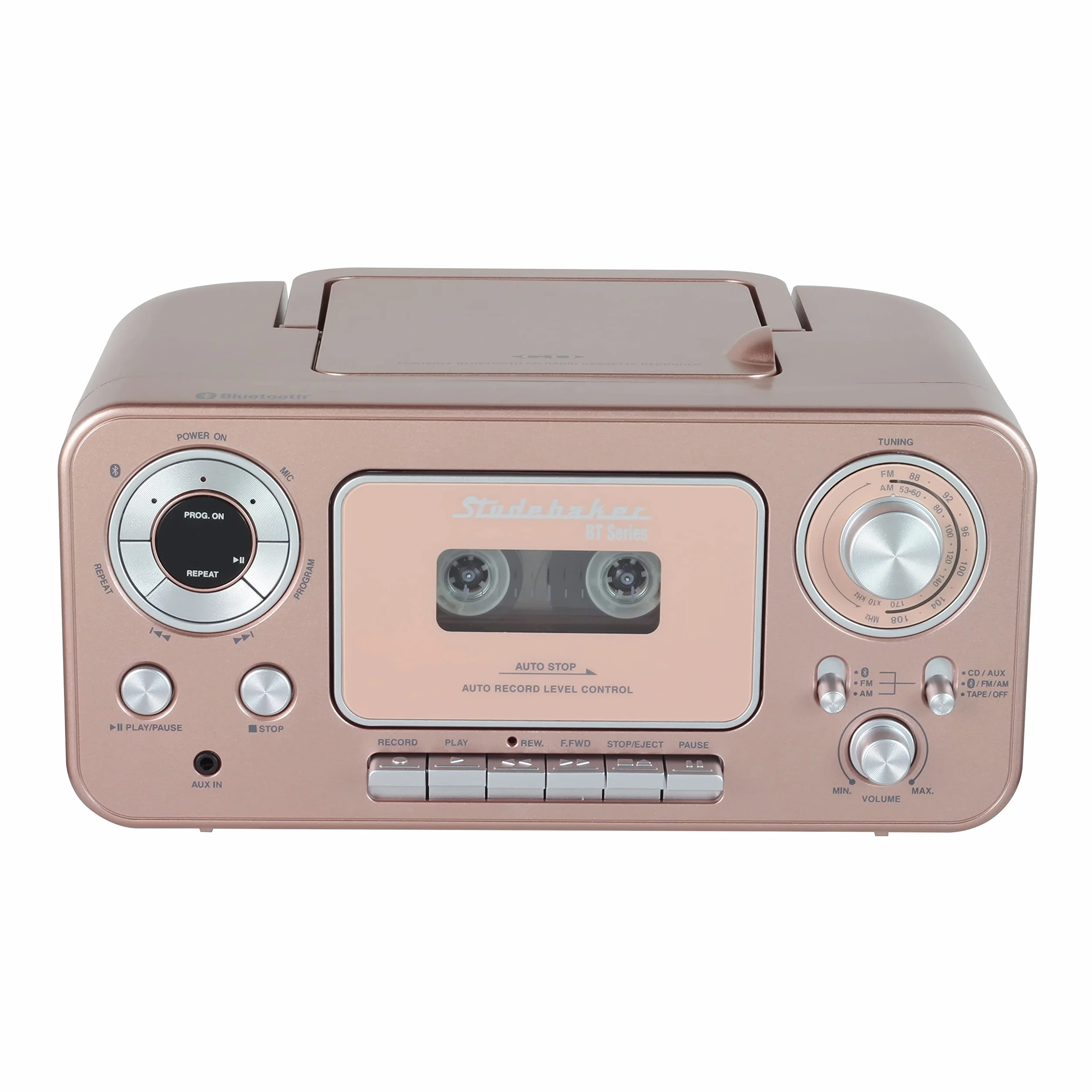 Przenośny odtwarzacz CD stereo z Bluetooth, radiem stereo AM/FM i odtwarzaczem kasetowym/nagrywarką (różowe i złote)