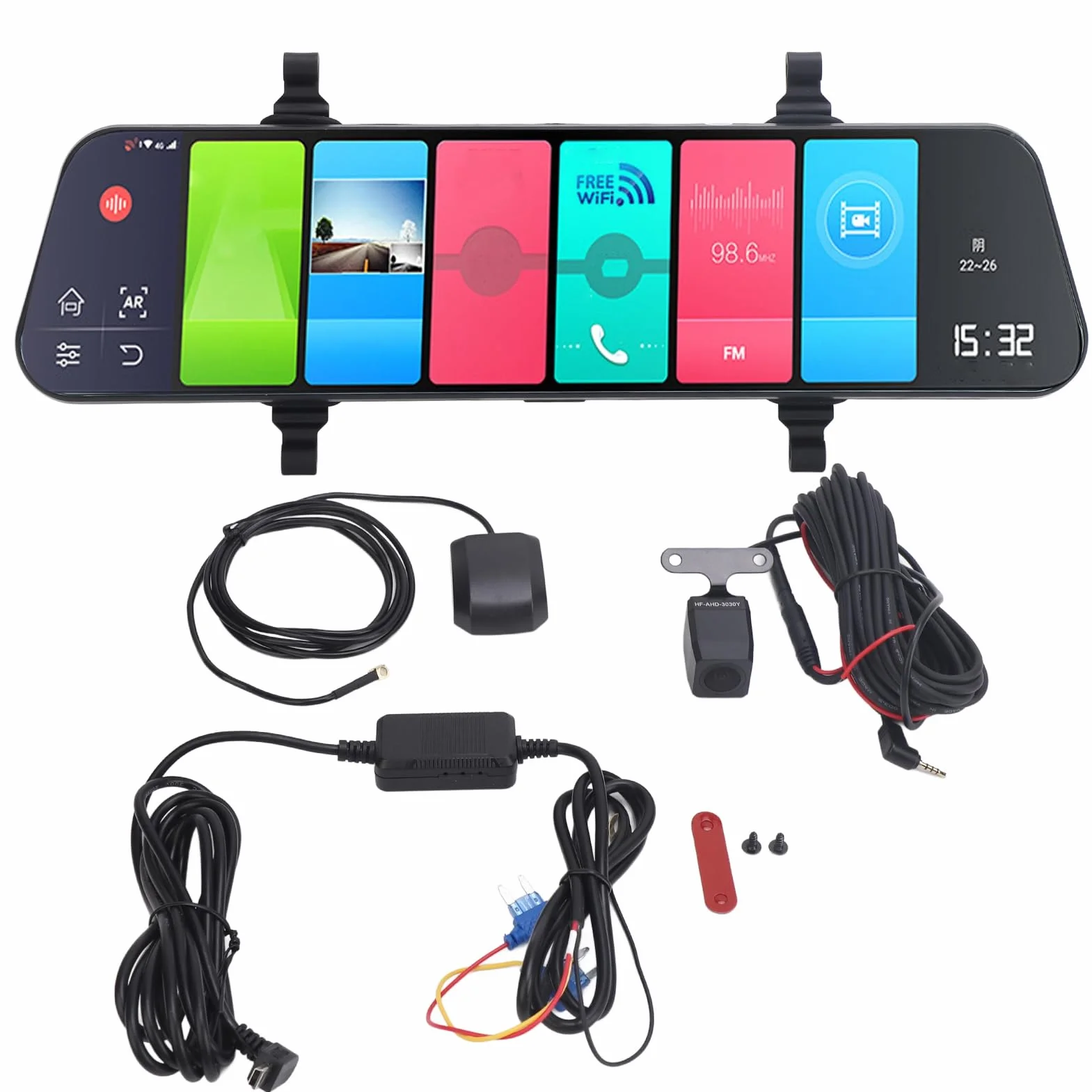12-calowa Kamera Samochodowa w Lusterku, Kamera Cofania z Ekranem Dotykowym 080P FHD, Kamera Cofania 4G WiFi Rejestrator Jazdy z Nagrywaniem w Pętli, Szeroki Kąt 120°, Czujnik G