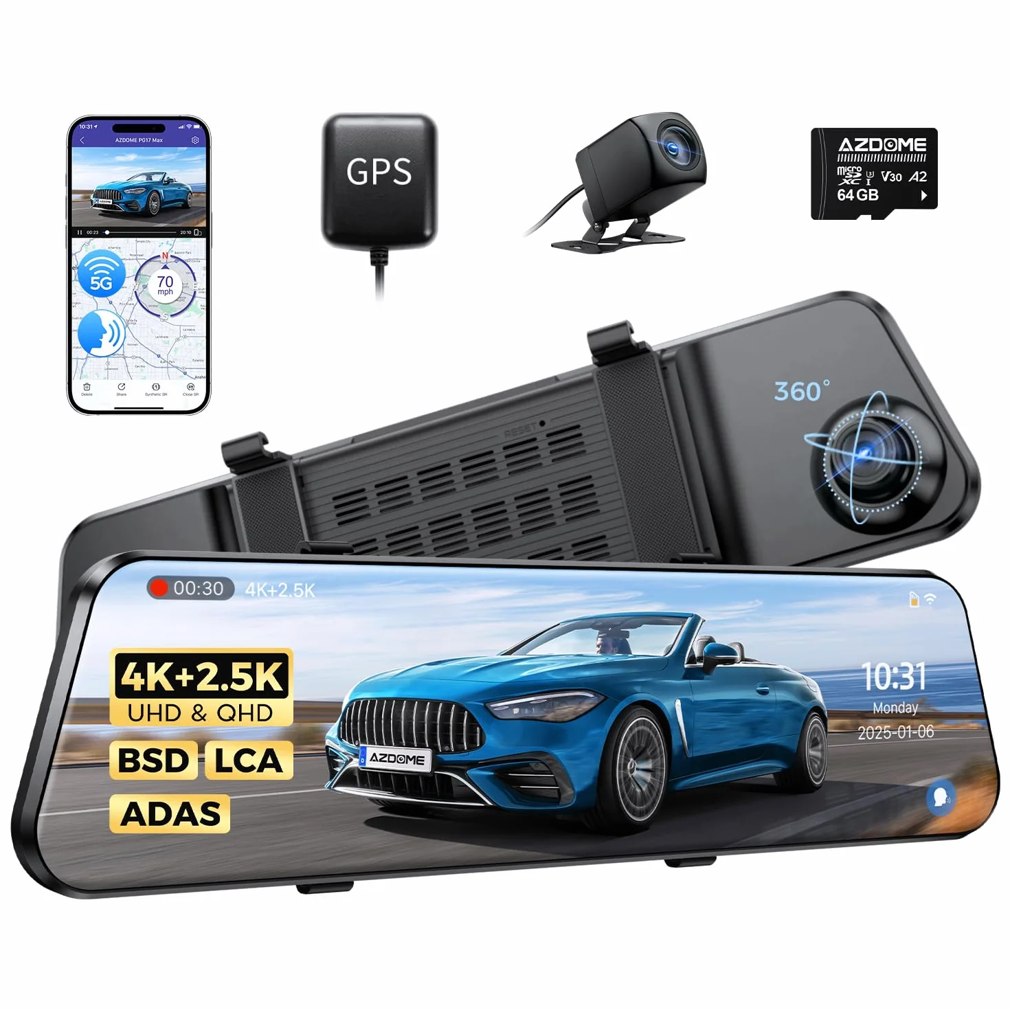 AZDOME Kamera samochodowa z lusterkiem 4K z tyłu 2,5 K, kamera samochodowa 5G WiFi, karta 64 GB w zestawie, super widoczność w nocy, GPS, sterowanie głosem, ekran dotykowy IPS 12", monitorowanie