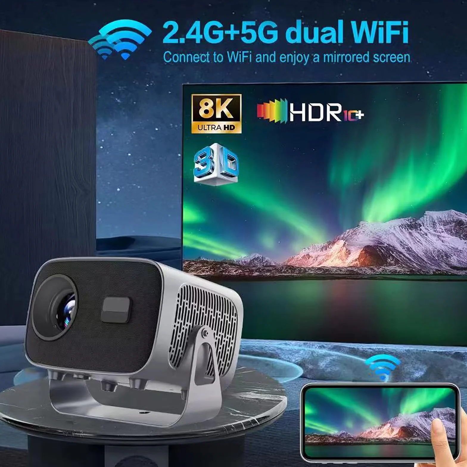 Projektor Bluetooth Wi-Fi 5G, Obsługa 4K, Podwójne Wi-Fi/bezprzewodowe Dublowanie/obrót O 360°, 4000 Lumenów (150ANSI) Pionowa Korekcja Trapezowa ±30°, Wbudowany Głośnik 5W,Metallic