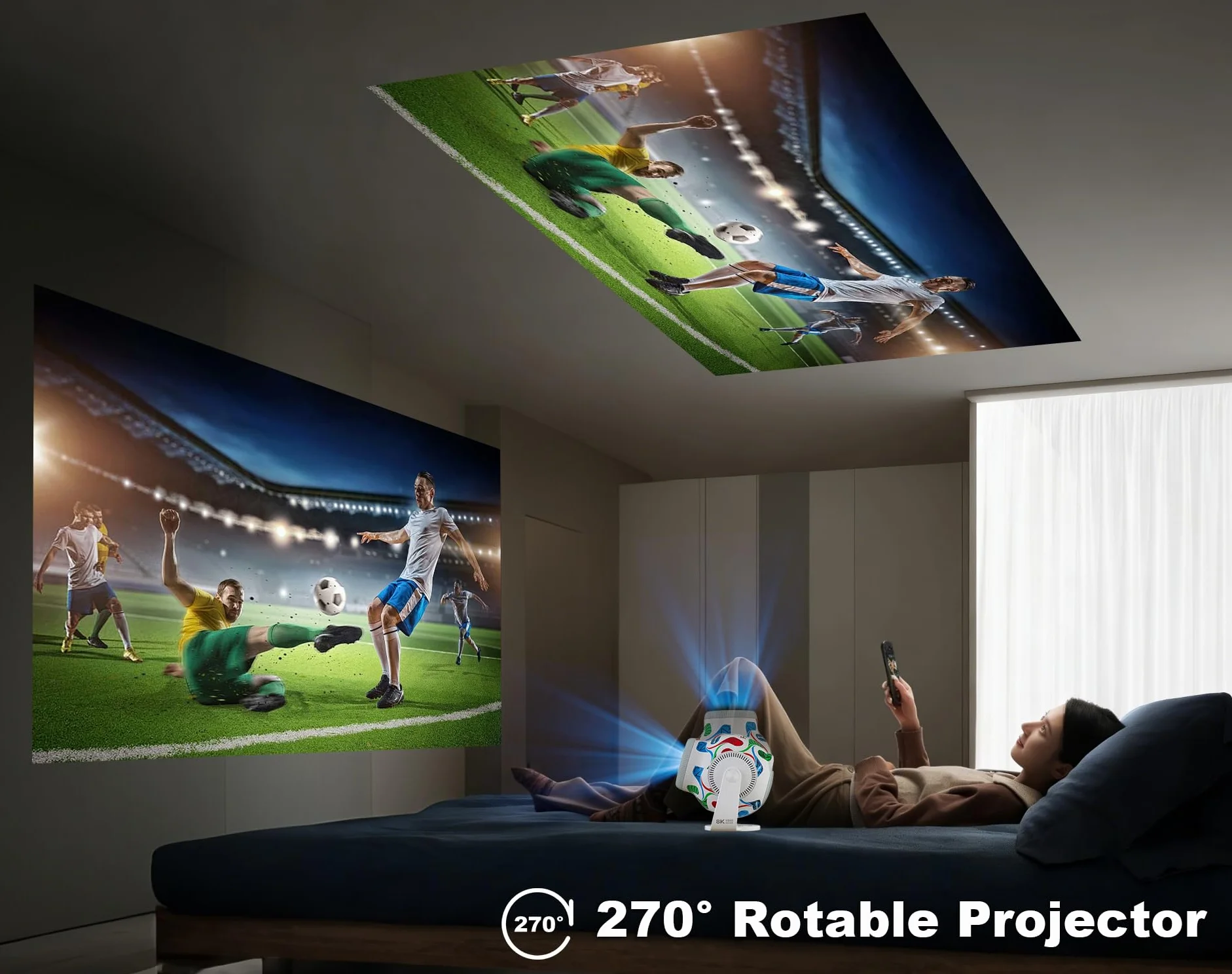 Mini projektor 2026, obsługujący rozdzielczość do 8K i jasność 290 ANSI, przenośny, z automatyczną korekcją zniekształceń pionowych, obrotowy o 270°, wyposażony w WiFi 6 i Bluetooth 5.4