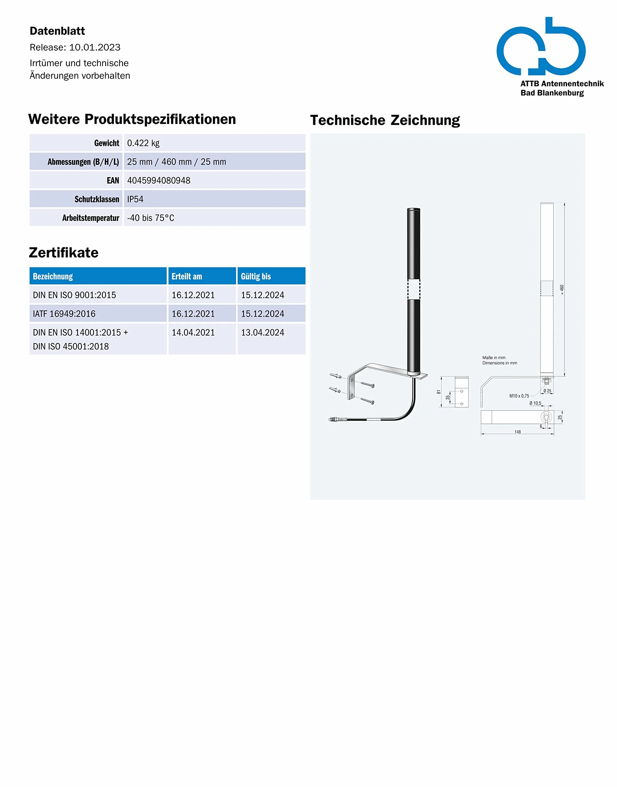 ATTB 4929.01 antena stacjonarna (DAB+), technologia anteny Bad Blankenburg - antena stacjonarna do montażu na powierzchniach pionowych, do użytku wewnątrz i na zewnątrz, w zestawie kątownik mocujący, 5 m, RG 58