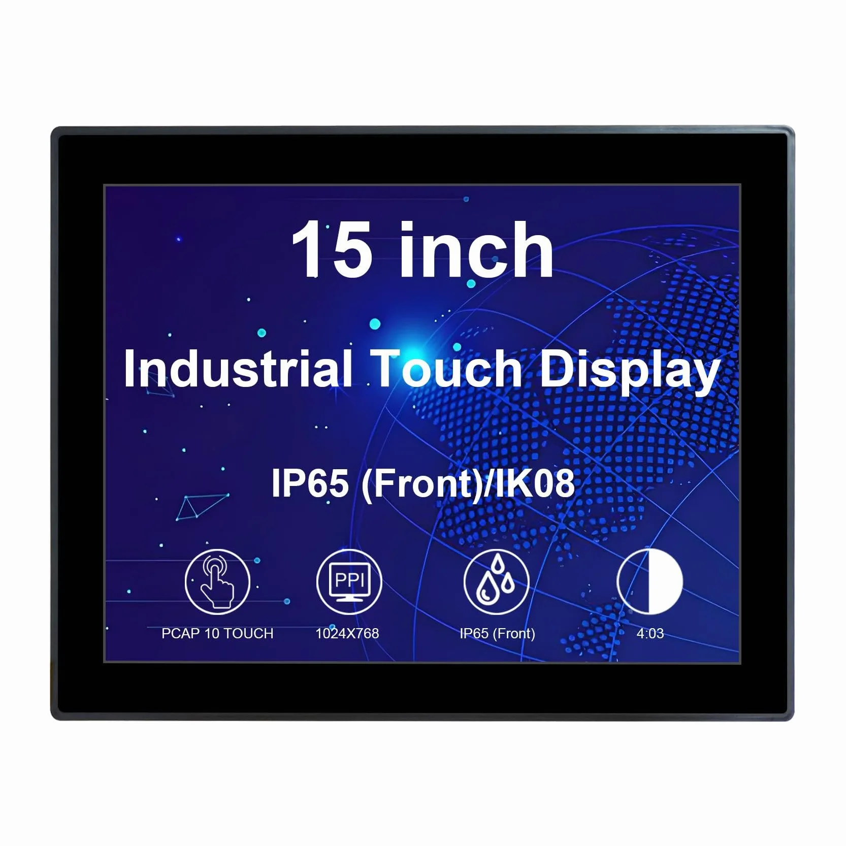 VSDISPLAY Przemysłowy ekran dotykowy 15", 1024 x 768, 350 nitów, przód IP65, 10-punktowy dotyk, duży zakres temperatur, obudowa ze stopu aluminium
