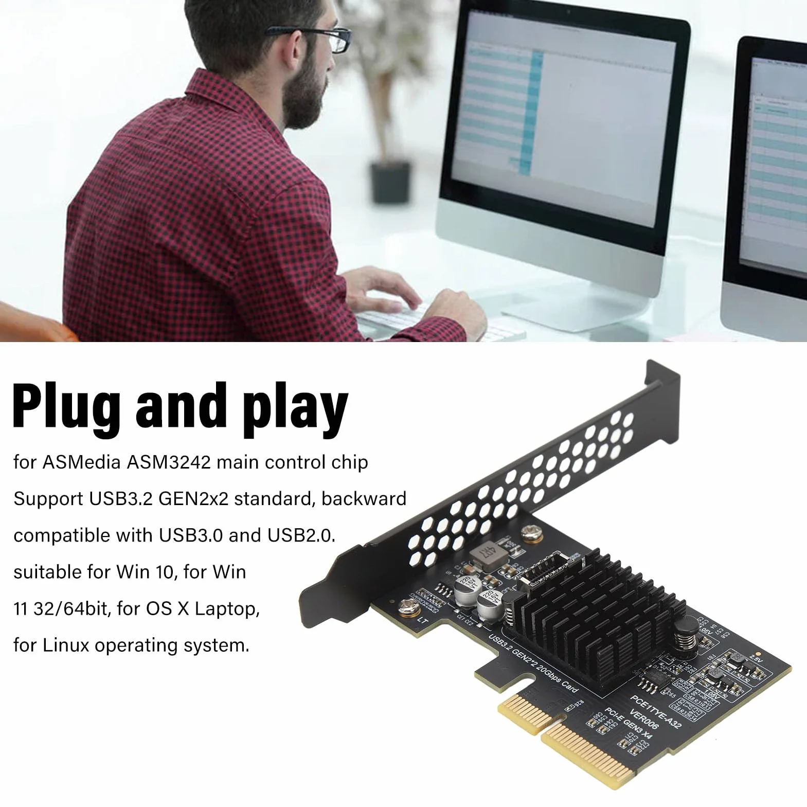 Karta rozszerzeń PCIE na USB 3.2 Gen 2, karta USB3.2 GEN2x2 20Gbps TYPE-C TYPE E Front/A KEY, do ASMedia ASM3242, karta PCI Express USB do komputera stacjonarnego, dla 10