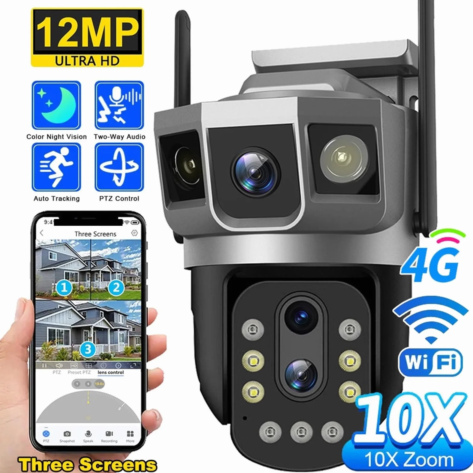 Kamera bezpieczeństwa, Kamera IP 2MP z trzema ekranami, 4G/WiFi, 10-krotny zoom optyczny, automatyczne śledzenie PTZ, kolorowa wizja nocna, bezprzewodowy monitor bezpieczeństwa(128GB Card)