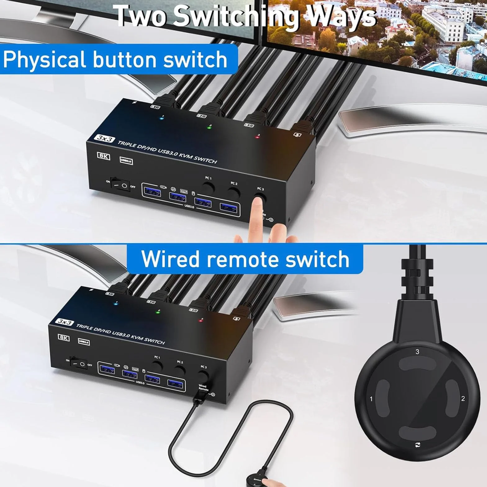 Przełącznik KVM USB 3.0 3 Wyświetla Komputery DisplayPort 8K 60 Hz 4K (Wtyczka UE)