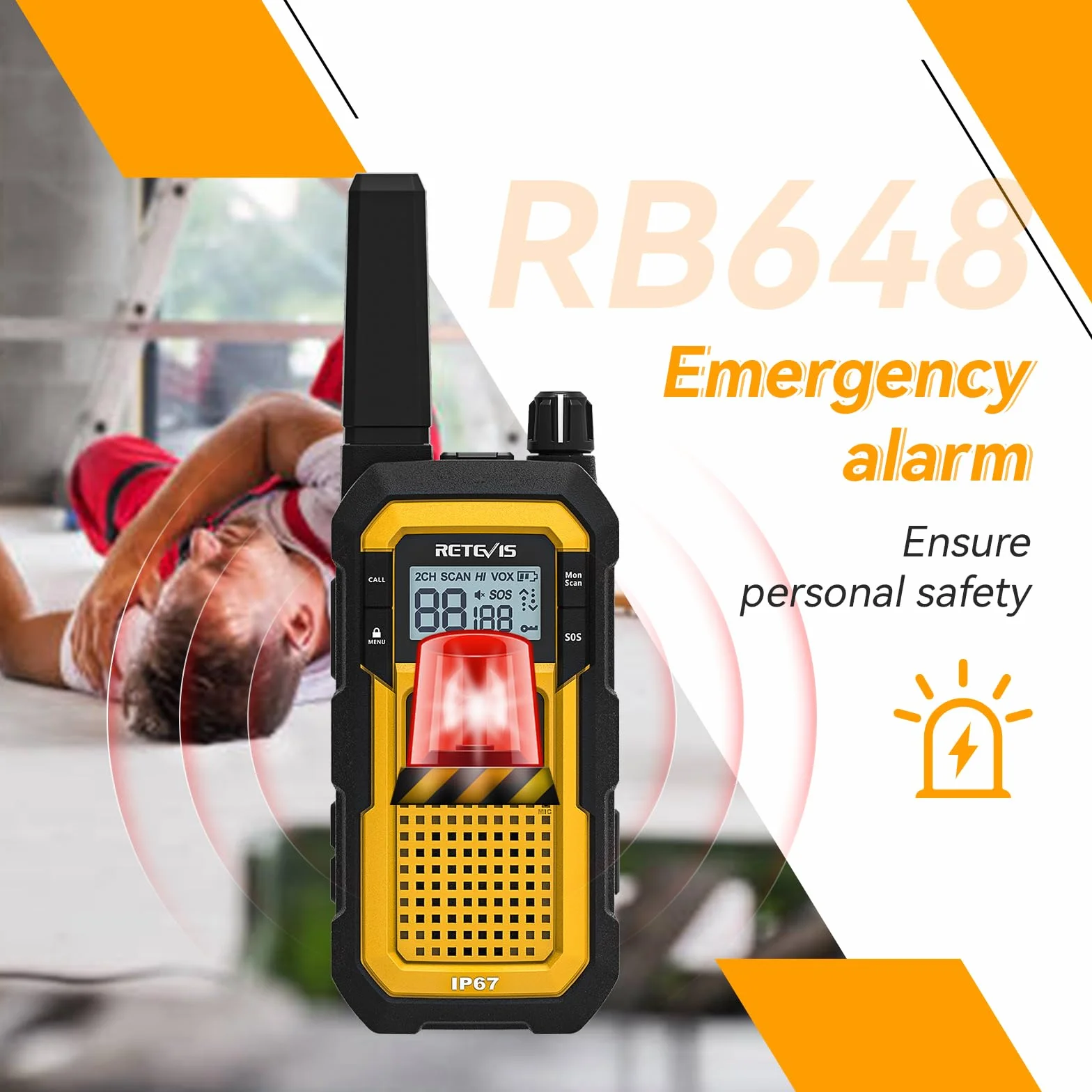 Retevis RB648 Walkie Talkie, Wodoodporne Krótkofalówki IP67, Podwójny Przycisk PTT, Wibracje SOS, 2000 mAh Typ C, Wytrzymałe Walkie-Talkie ze Słuchawką na plac Budowy (4 Szt, Żółty)
