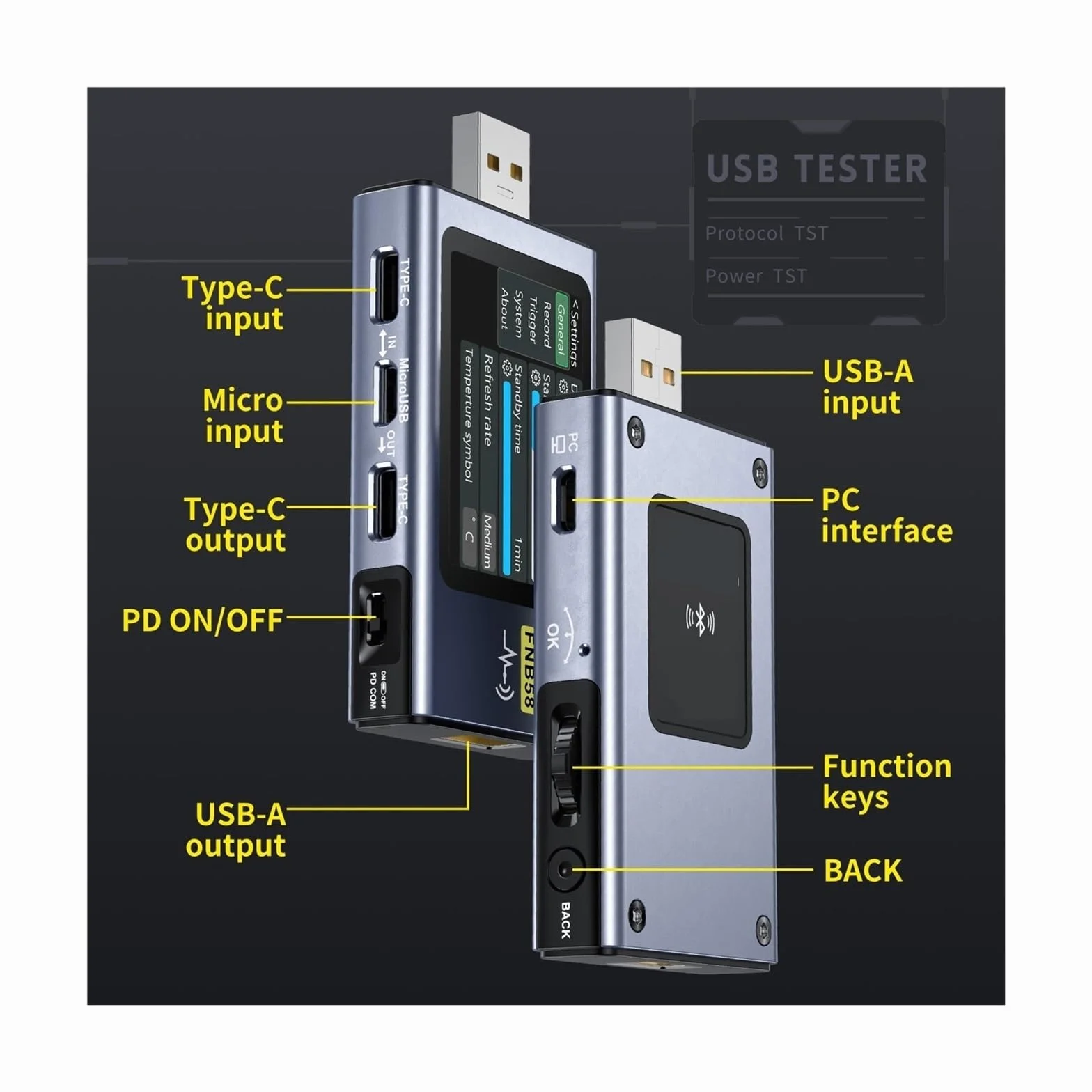 Tester USB, FNB58 Woltomierz cyfrowy Amperomierz Woltomierz prądu Tester USB Wskaźnik napięcia Profesjonalne narzędzia dla elektryków(Without Bluetooth)
