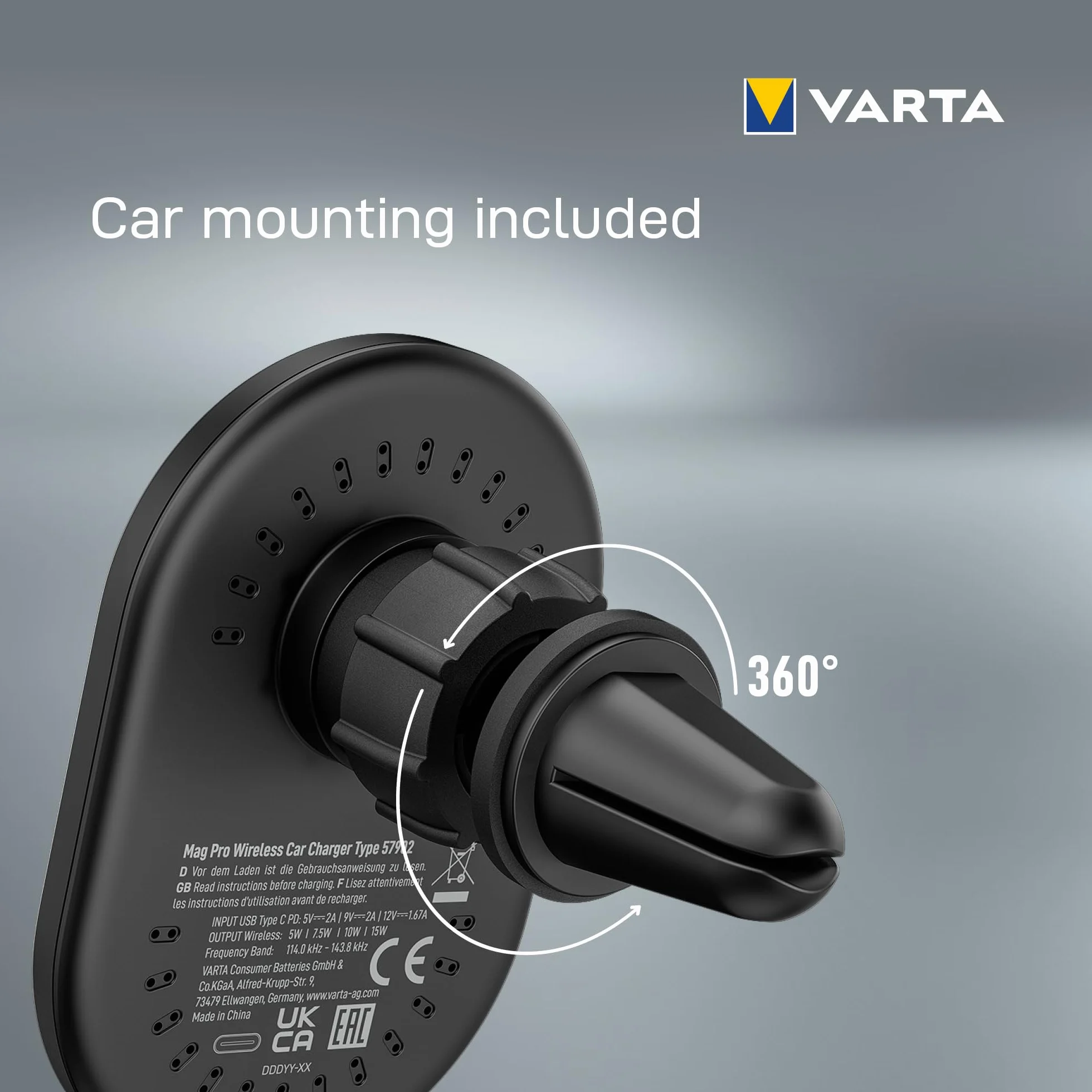 VARTA Mag Pro bezprzewodowa ładowarka samochodowa 15 W (uchwyt na smartfon i bezprzewodowa ładowarka w jednym, kompatybilna z MagSafe, kompatybilna z Qi) z uchwytem samochodowym i kablem USB typu C
