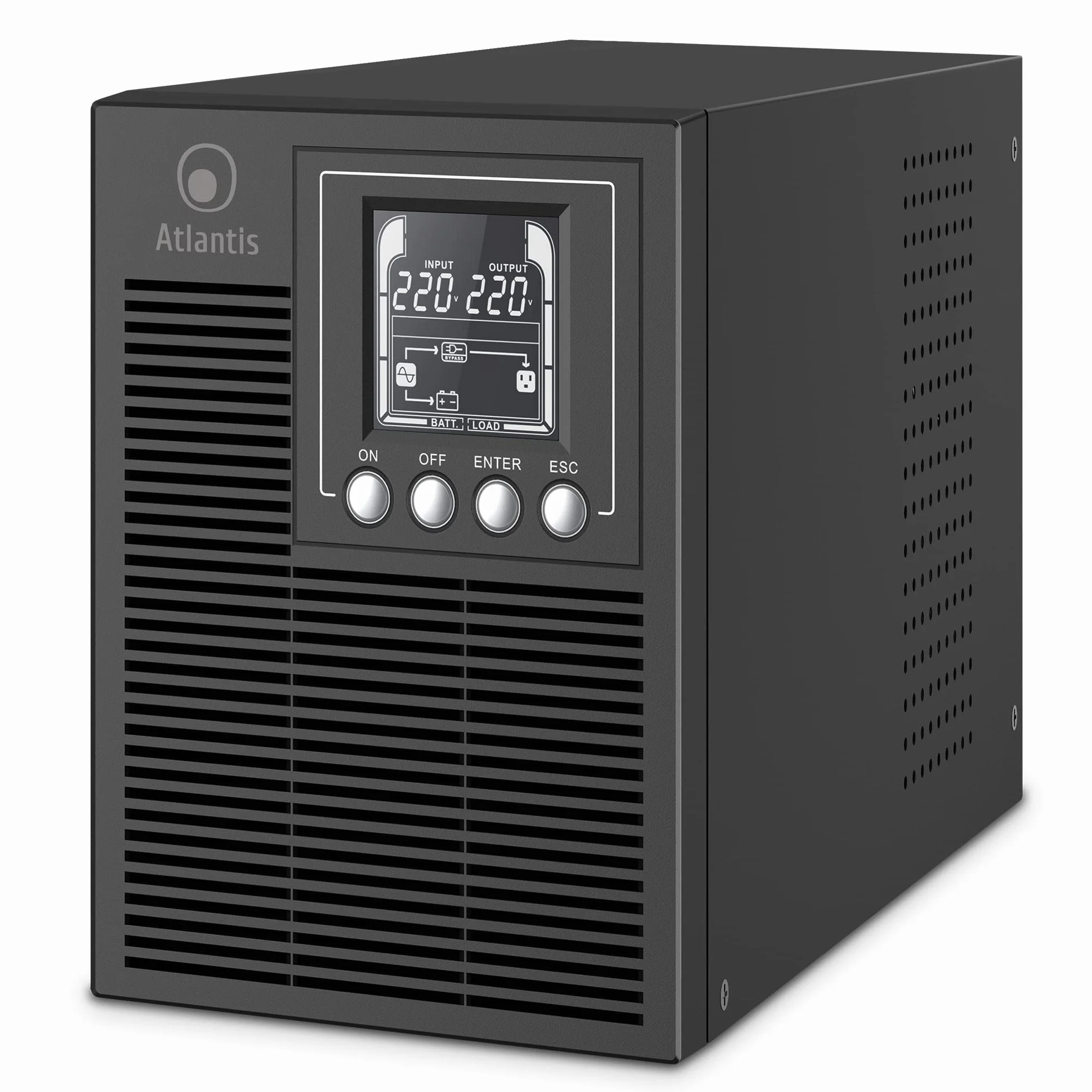 Atlantis A03-OP1002 UPS OnLine zasilacz awaryjny z podwójną konwersją czystej fali sinusoidalnej 1000 VA 900 W, Tower, wyświetlacz LCD, USB, szeregowy RS-232, 4 wyjścia IEC, port EPO, gniazdo SNMP, 2