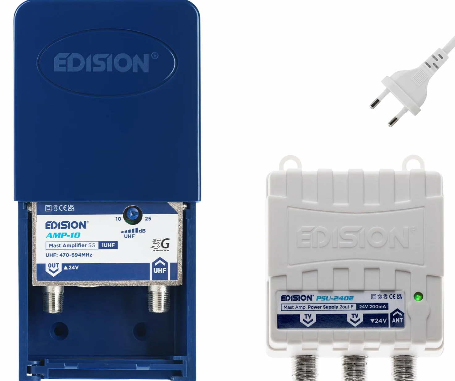 EDISION Zestaw MAK-100: Wzmacniacz anteny telewizyjnej 1UHF, 10-25dB, 107 dBmV, 24 V, do cyfrowej naziemnej DVB-T/T2, z filtrem 5G LTE + zasilaczem 24 V 200 mA F, 2 wyjścia