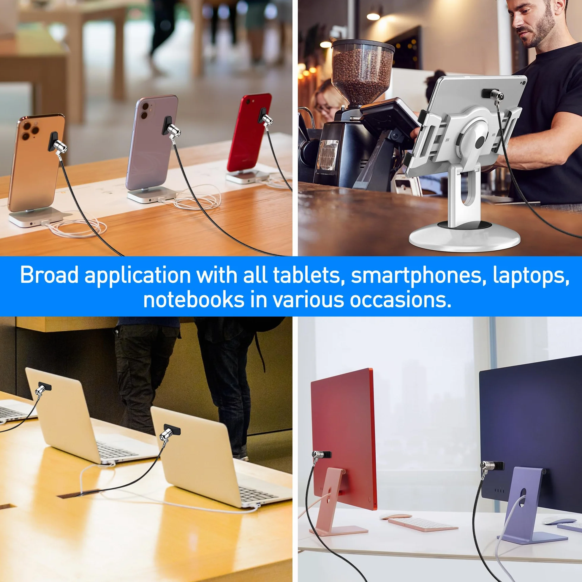 AboveTEK Blokada laptopa, kabel zabezpieczający do tabletu, 2 klawisze, trwały, stalowy zestaw blokujący z kotwicami samoprzylepnymi, ochrona sprzętu, ochrona przed kradzieżą, do telefonu, notebooka